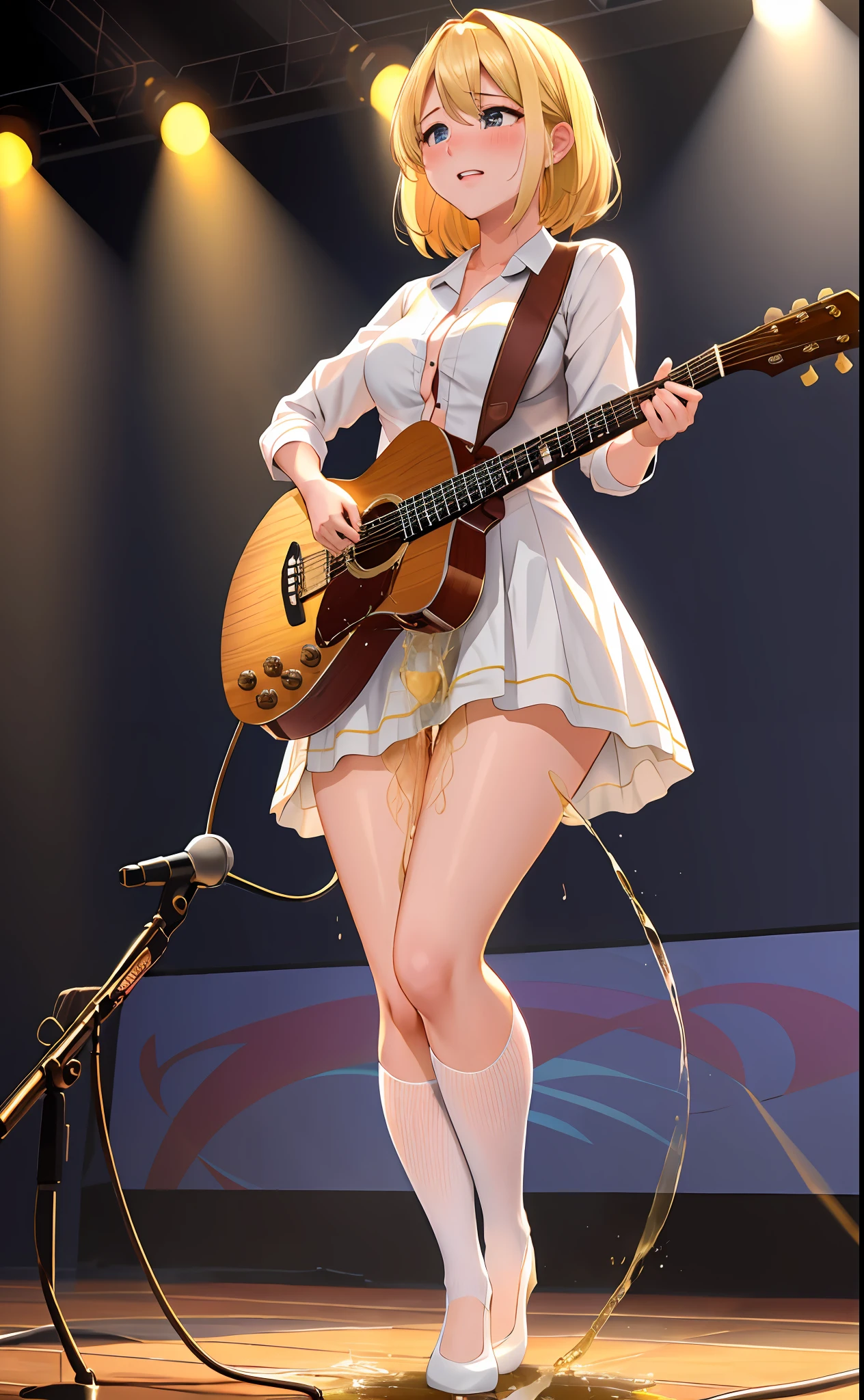 Adult, Perfect Female Figure, Small Breasts, a3ri1th, Blonde Hair with Fringe, Light Eyes, peeing herself, peeing, peeing self, very desperate to pee, holding a guitar on stage, full face blush, sad, crying, flustered, pubic hair, white panties, white stockings wet, peeing, peeing self, peeing, peeing self, pee puddle, puddle of her own urine is forming around her feet, standing on stage, cinematic lighting, anime still HD