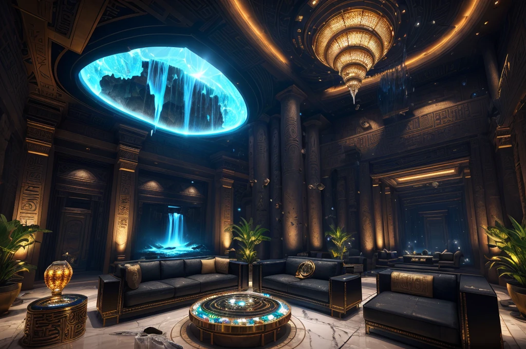 incredible luxurious futuristic living room interior in Ancient Egyptian style with many lush plants (lotus flowers:1.5, palm trees:2, rocky walls, sand:1.5, waterfalls:1.1), (incredible ultra-luxurious furniture made out of precious minerals, metals, gemstones and jewels:1.5), marble, precious minerals: 2, metals, gemstones, crystals, clouds and (water:1.6), crocodiles, hieroglyphics:1.5, ultra luxury:2, black marble – with beautiful lights:1.5, Unreal Engine, HQ, 16k