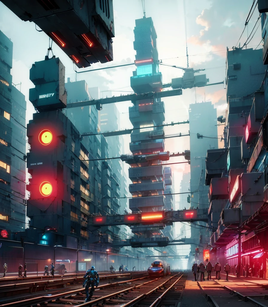 Strange and huge robots, ((Cyborg)), high-rise mechanical buildings, robots, cars, crowds, mechanics, (irregular buildings), machines, (cyberpunk), (suspended trains), drones, realistic lighting, (Abyss) masterpiece, high quality, beautiful graphics, high details, neon, night