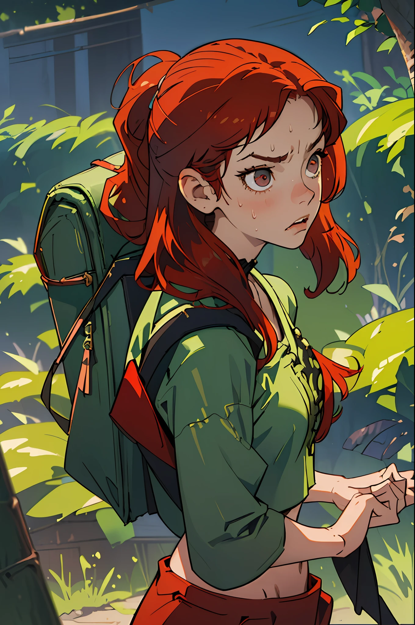 (best quality, masterpiece1.2), (detailed eye:1.2), intricate detail, depth of field, 1girl, jungle, crop top, angry, sweat, red hair, exploration, embarrassed,  backpack,