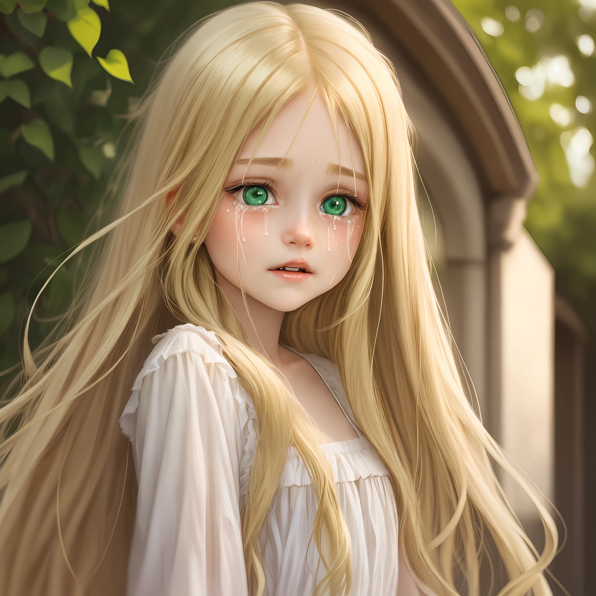 Crying beautiful girl with long hair, blonde hair, green eyes