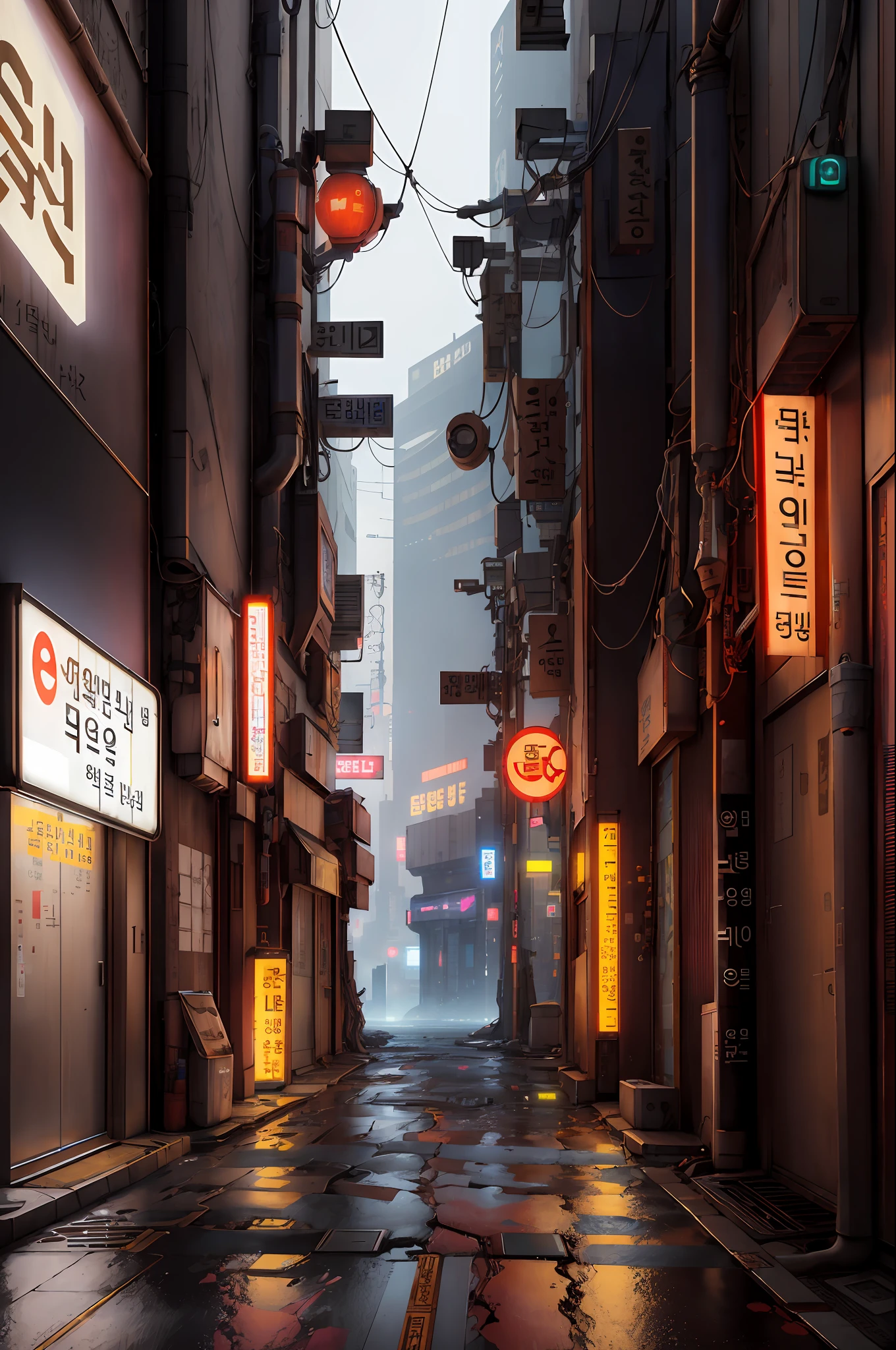 lonely ally in Seoul, cyberpunk city from sci-fi movie, empty street, Korean, Korean signs, intricate, hyper-detailed, realistic, ultra-realistic, high quality, ultra detail, crazy detail, photo realism, 8k