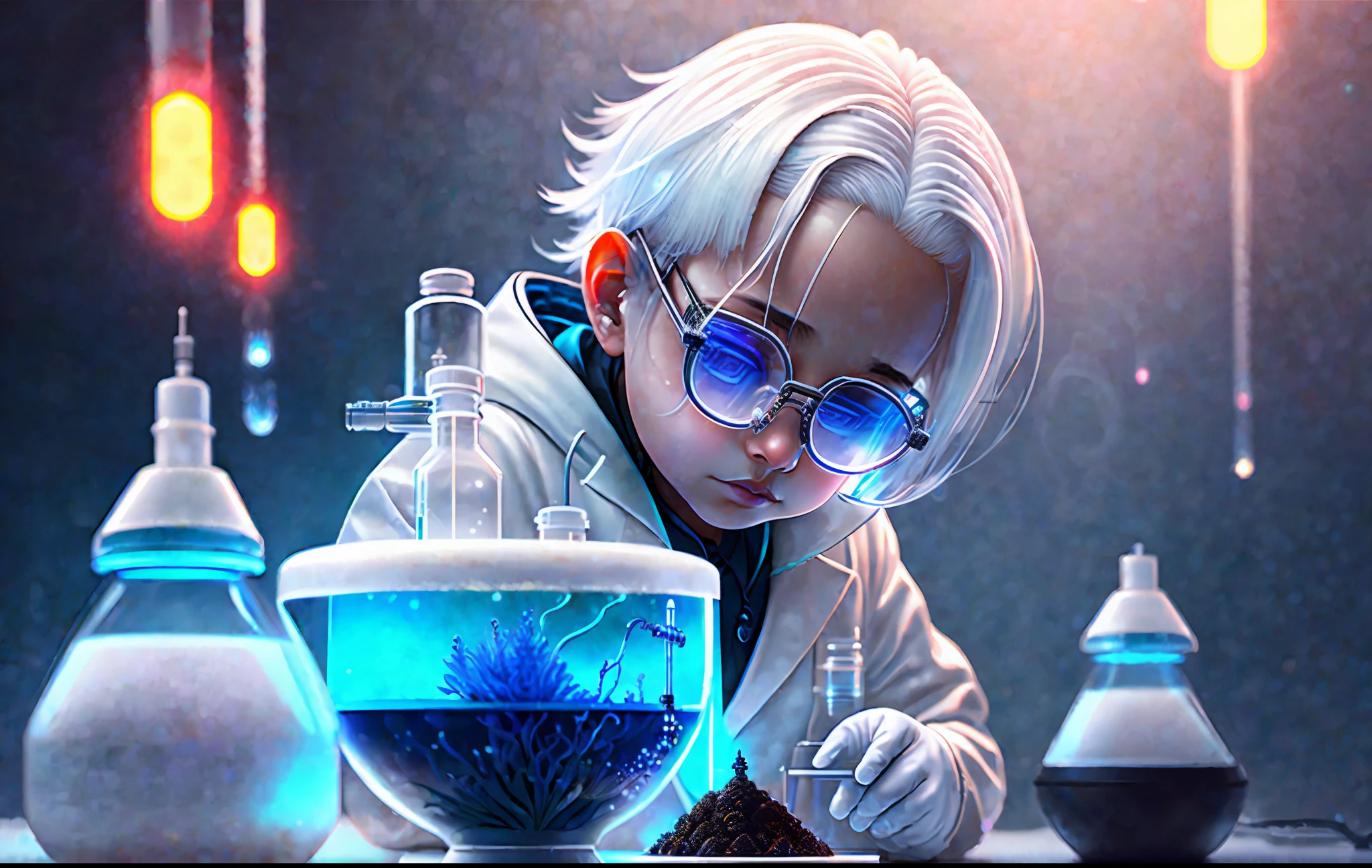 miniature scientist mixing a substance into a flourishing. in a white coat. Ultra futuristic glasses, white hair. A futuristic laboratory. 4K resolution. hyper realistic. Ultra detailed, neon environment, abstract black oil, gear wick, detailed acrylic, grunge, intricate complexity, rendered in unreal engine, photorealistic