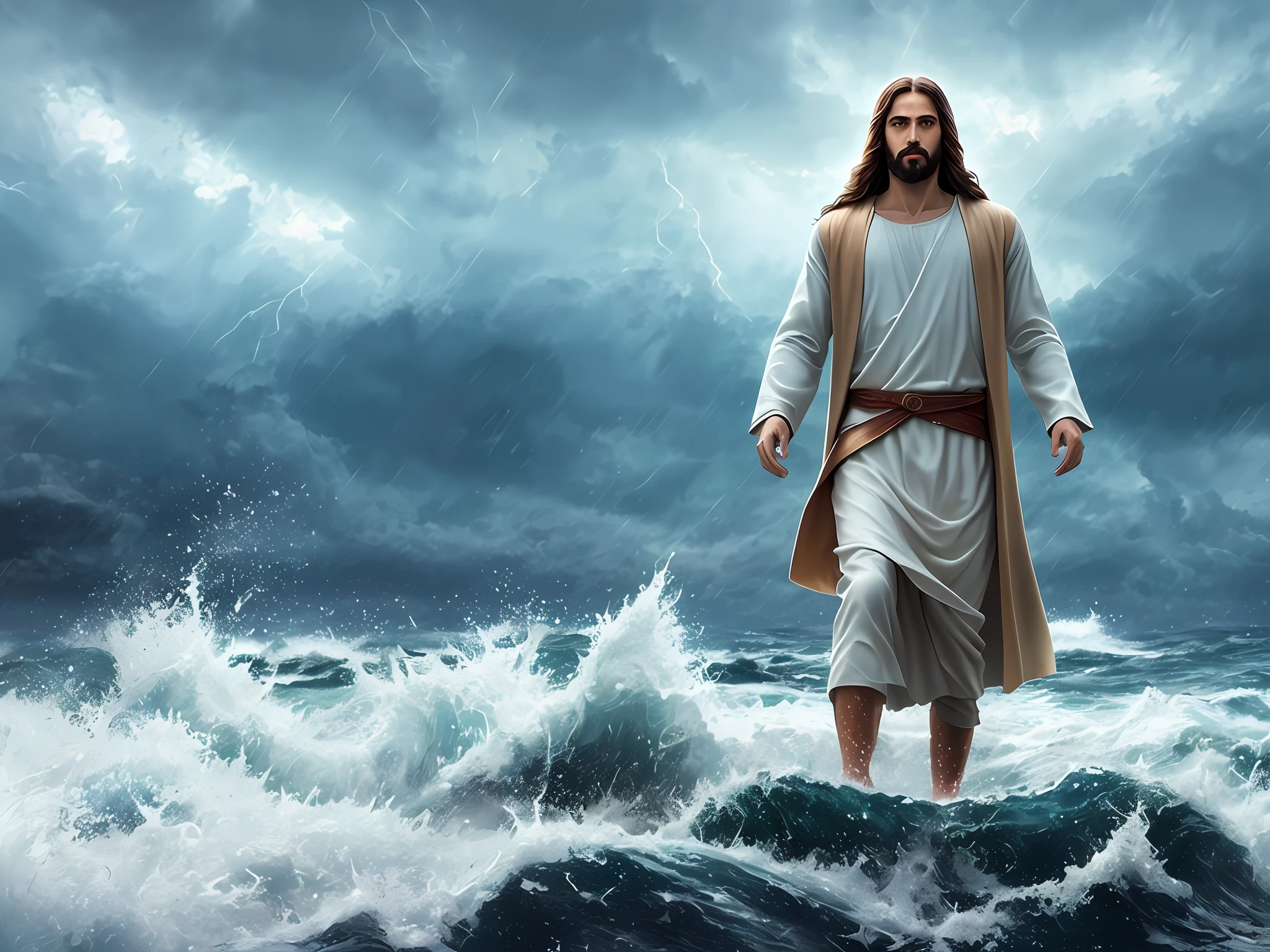 jesus walking on water in a storm, masterpiece, best quality, high quality, extremely detailed CG unit 8k wallpaper, award winning photography, Bokeh, Depth of Field, HDR, bloom, Chromatic aberration, photorealistic, extremely detailed, trending on artstation, trending on CGsociety, intricate, high detail, dramatic, mid-journey art, volumetric lighting