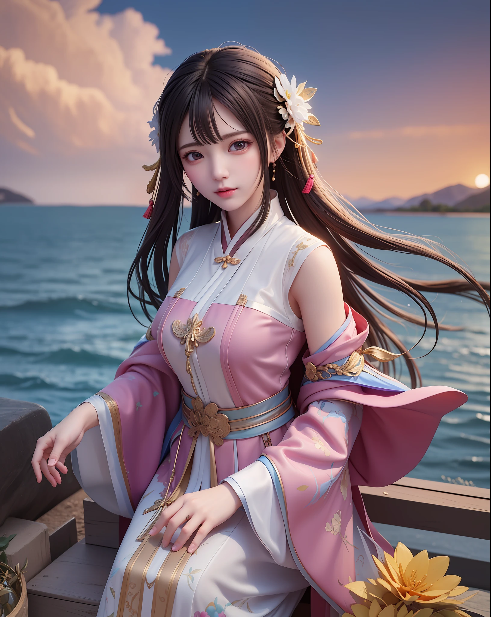 (8k, RAW photo:1.2), best quality, ultra high res,dramatic angle,(fluttered detailed color splashs), (illustration),(((1 girl))),(long hair),(rain:0.9), (头饰:1.4),少女身边有一座古宫,汉服,(重点),彩色水墨画,(泼彩),泼彩,(((colorful))),(素描:0.8) , Masterpiece, best quality, beautiful painted, highly detailed,(denoising:0.6),[splash ink],((ink refraction)), (beautiful detailed sky),moon,highly,detaild,(masterpiece, best quality, extremely detailed） CG unity 8k壁纸，杰作，最好的质量，超详细），（石蒜），背景中有花瓣飞舞