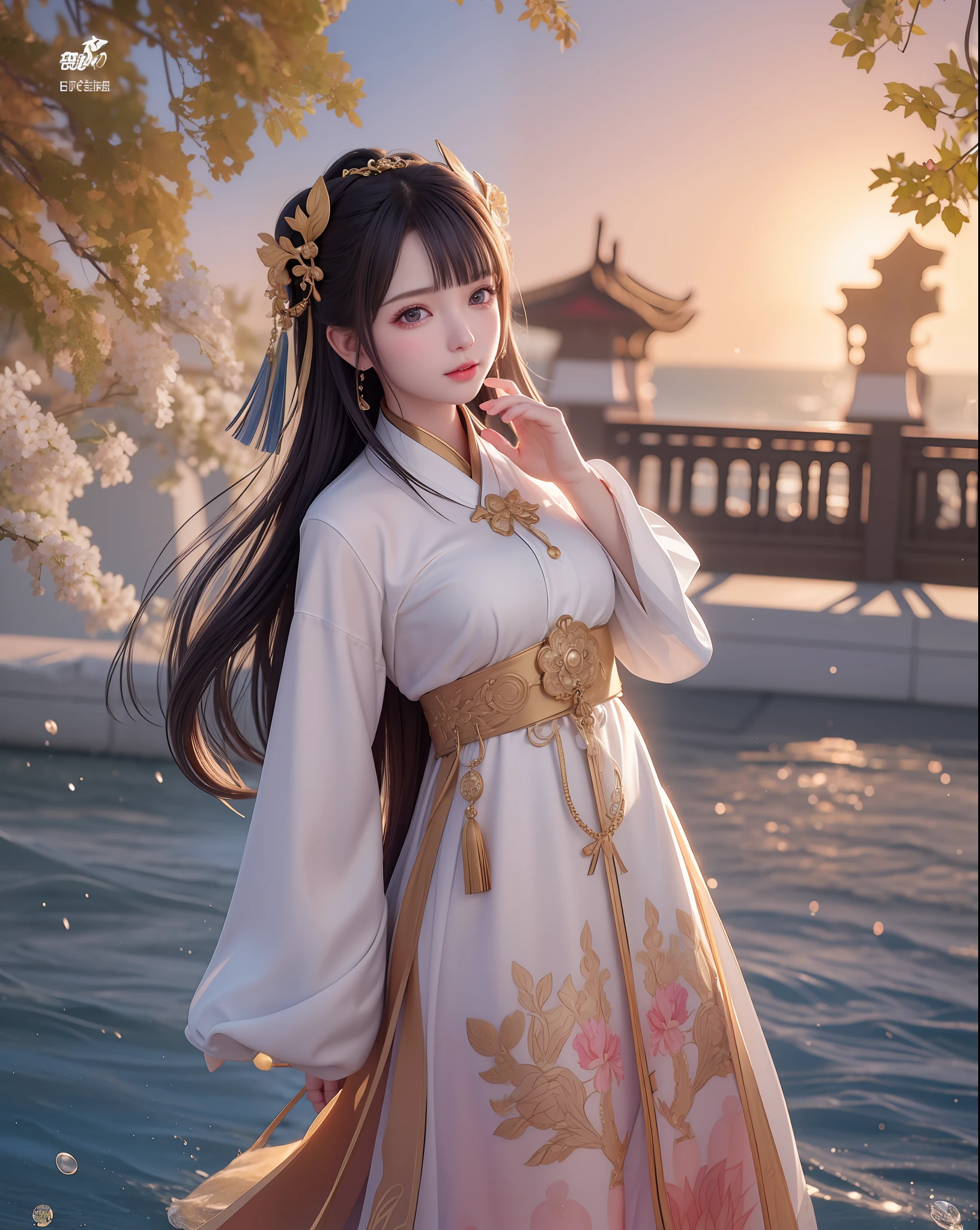 (8k, RAW photo:1.2), best quality, ultra high res,dramatic angle,(fluttered detailed color splashs), (illustration),(((1 girl))),(long hair),(rain:0.9), (头饰:1.4),少女身边有一座古宫,汉服,(重点),彩色水墨画,(泼彩),泼彩,(((colorful))),(素描:0.8) , Masterpiece, best quality, beautiful painted, highly detailed,(denoising:0.6),[splash ink],((ink refraction)), (beautiful detailed sky),moon,highly,detaild,(masterpiece, best quality, extremely detailed） CG unity 8k壁纸，杰作，最好的质量，超详细），（石蒜），背景中有花瓣飞舞