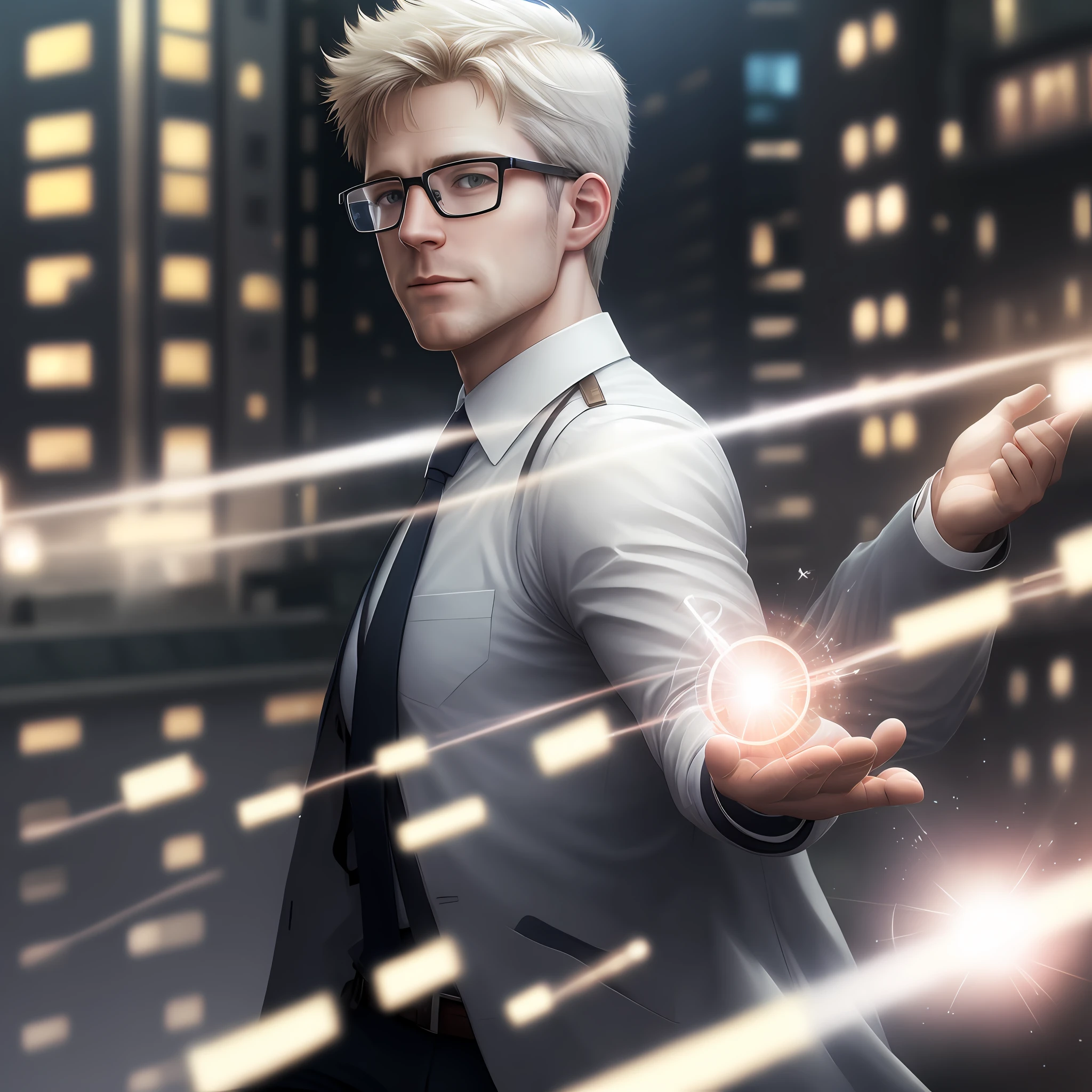 Realistic white man with bright glasses with light effects, in the background several buildings and money falling