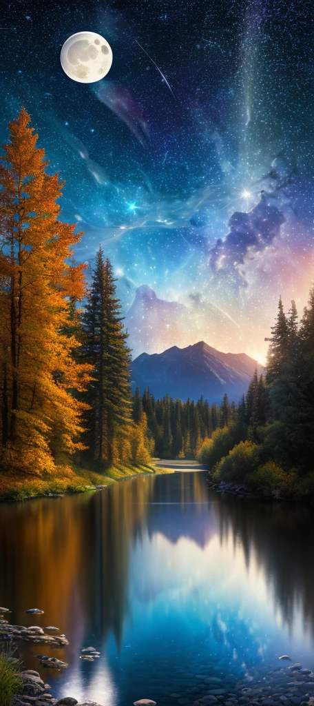 Masterpiece, 8k wallpapers, extremely detailed, best quality, high quality, landscapes. ((Colorful sky)), clouds, (((Full moon, nebula and background stars))), (high mountains), Panorama, , Detail enhancement, Detail enhancement, Flawless. Award-winning photography, Depth of field, HDR, Photorealism, Highly detailed, Intricate, High detail, Dramatic, ((color image)), ((single image)), night, realistic, ((vivid colors)), ((light rays, rays)), mini river, image reflecting in water,