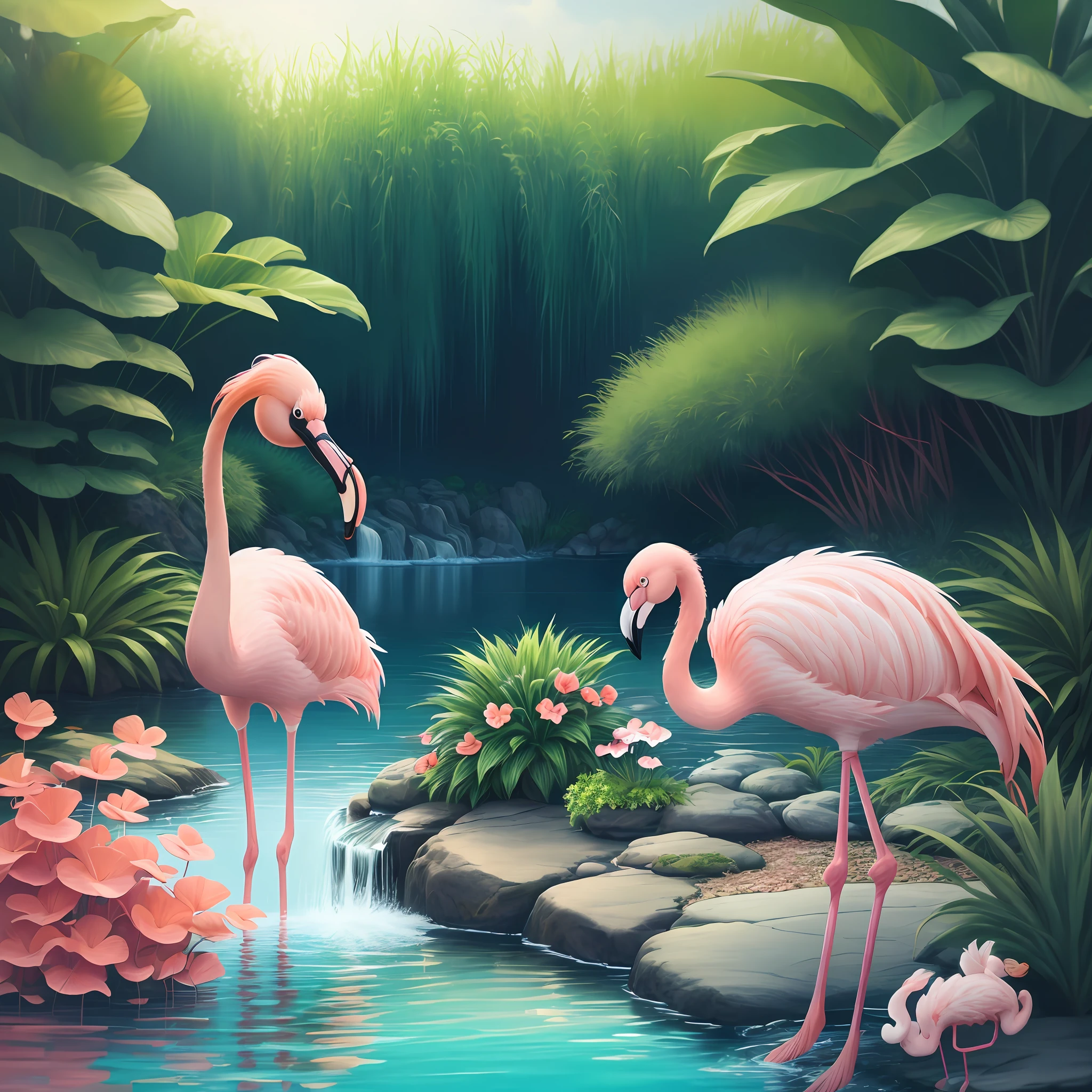 Flamingo playing violin, background with waters, plants, 8k quality, cinematic focus, vivid colors, softness