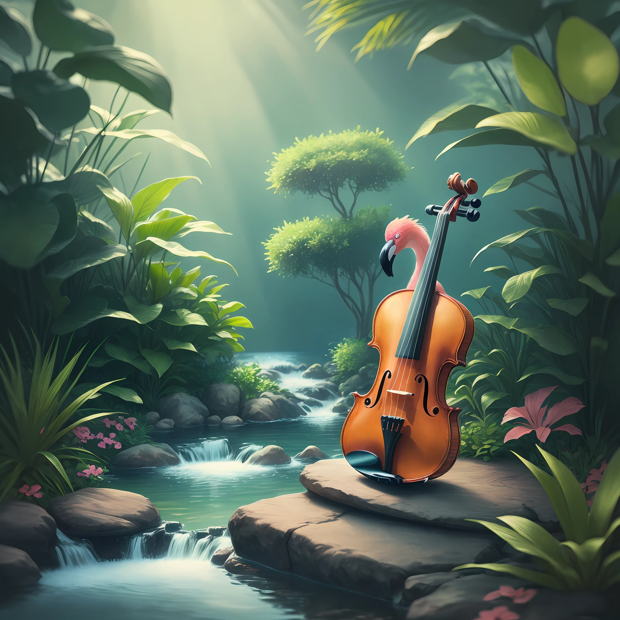 Flamingo playing violin, background with waters, plants, 8k quality, cinematic focus, vivid colors, softness