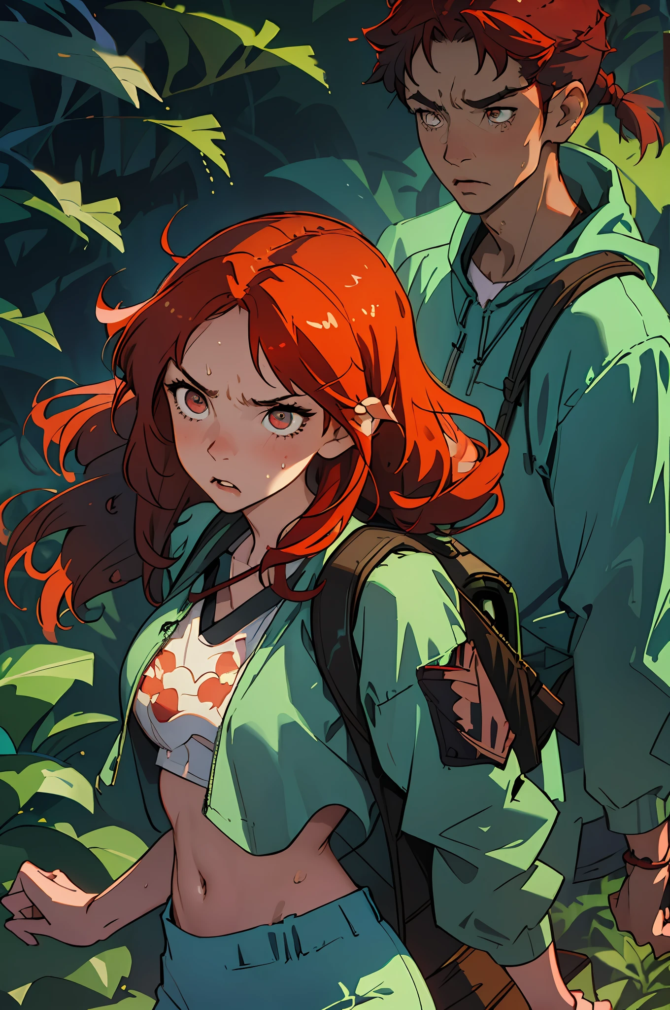 (best quality, masterpiece1.2), (detailed eye:1.2), intricate detail, depth of field, 1girl, jungle, crop top, angry, sweat, red hair, exploration, embarrassed, backpack,