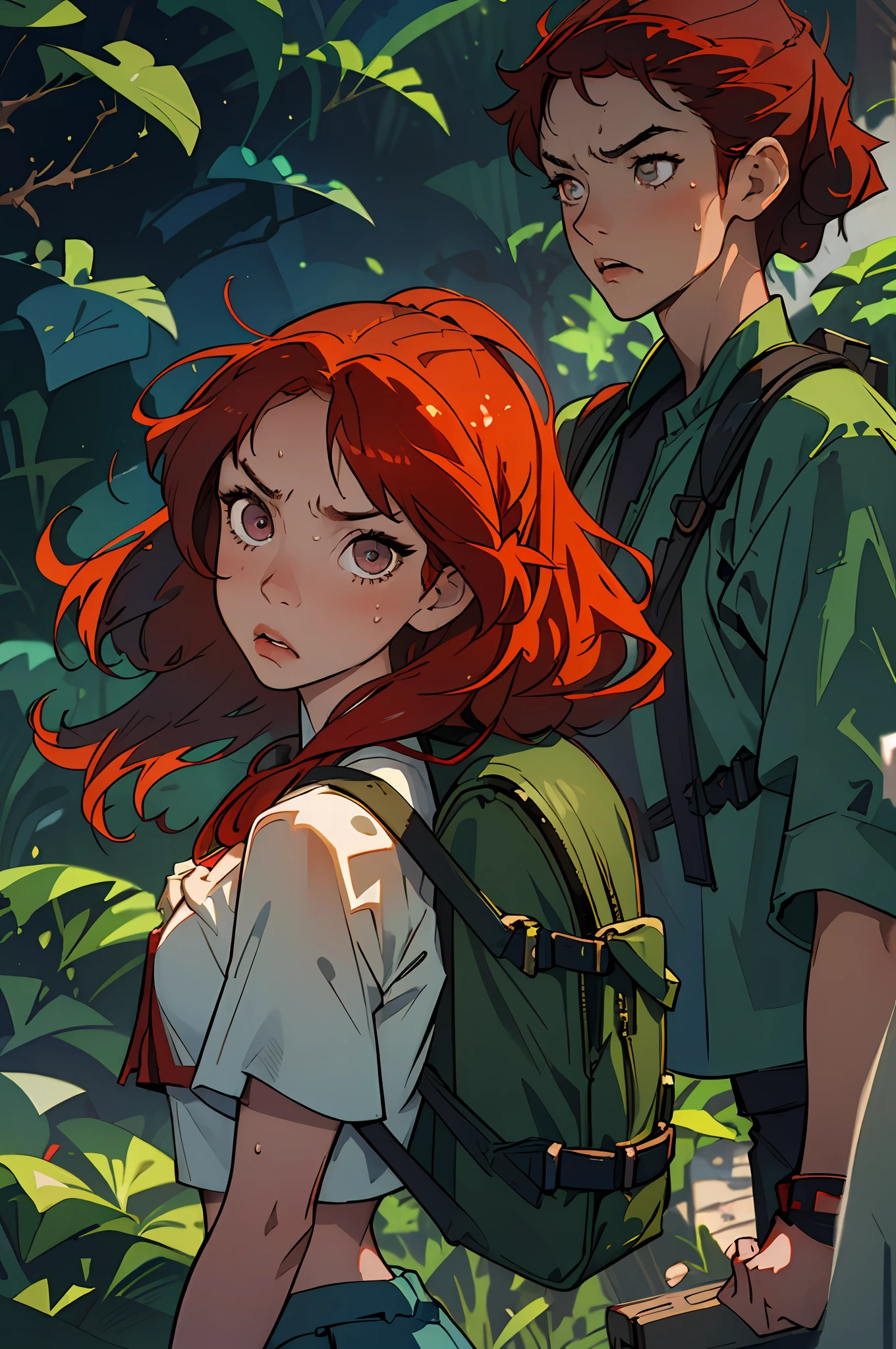 (best quality, masterpiece1.2), (detailed eye:1.2), intricate detail, depth of field, 1girl, jungle, crop top, angry, sweat, red hair, exploration, embarrassed, backpack,
