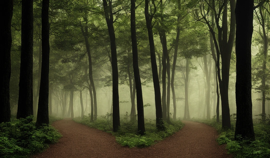 A shadowy path in a forest with tall, straight trees with fluttering mists