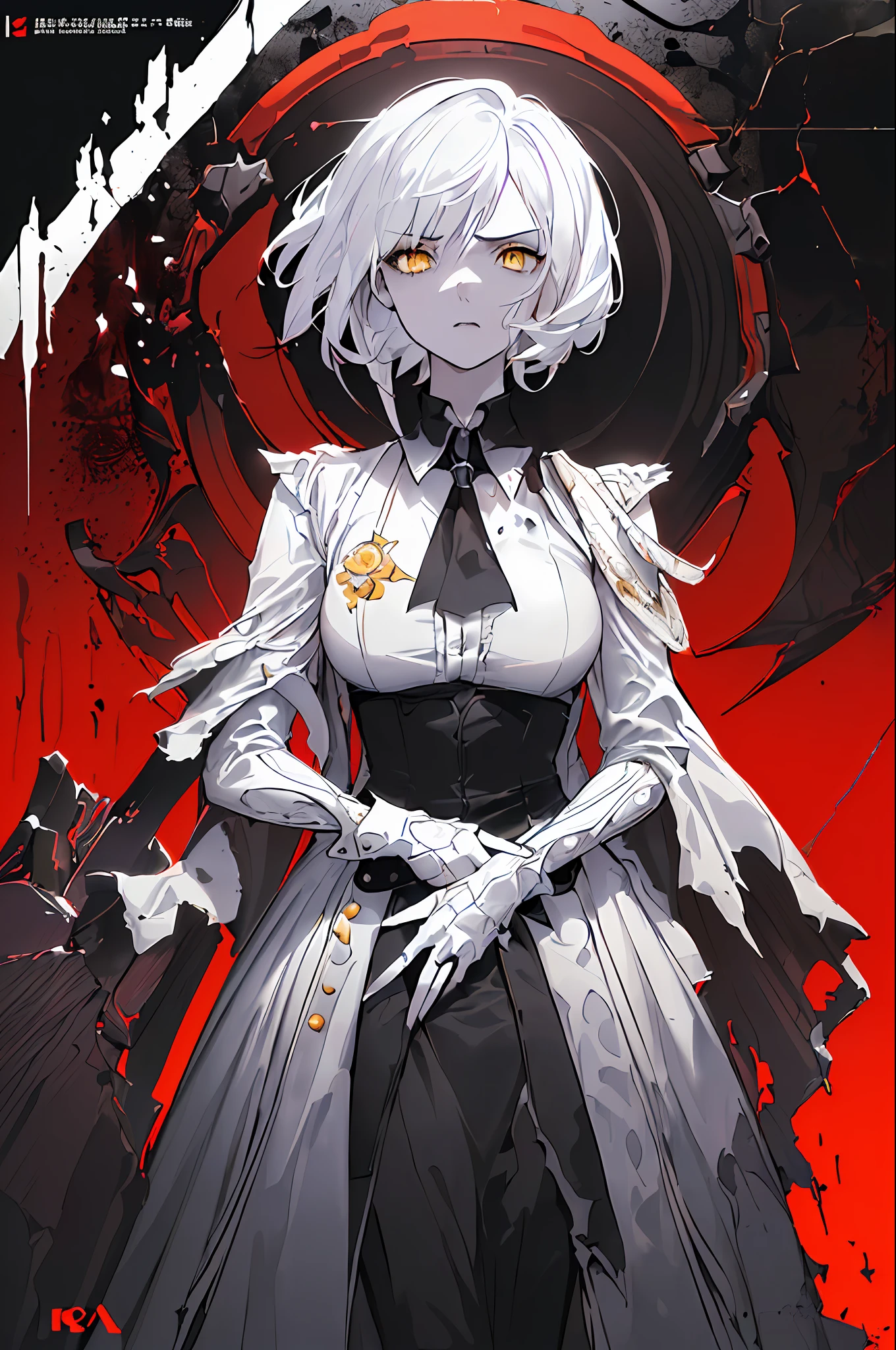 (((((dramatic))), (((severe))), (((intense))) A movie poster featuring a young woman as the central character. She stands confidently in the center of the poster, dressed in a formal costume, a vampire, white hair, yellow eyes, cyberpunk, with a determined expression on her face. The background is dark and sandy, with a sense of danger and tension. The text is bold and attention-grabbing, with a catchy tagline that adds to the overall sense of drama and excitement. The color palette is mostly dark with interspersed with bright colors, which gives the poster a dynamic and visually striking look, tachi-e (magazine: 1.3), (cover style: 1.3), fashionable, feminine, bright, outfit, posing, front, colorful, dynamic, background, elements, self-confident, expression, holding, statement, accessory, majestic, rolled, around, touch, scene, text, cover, bold, eye-catching, title, stylish, font, catchy, title, more, bright, modern, fashionable, focus, fashion,