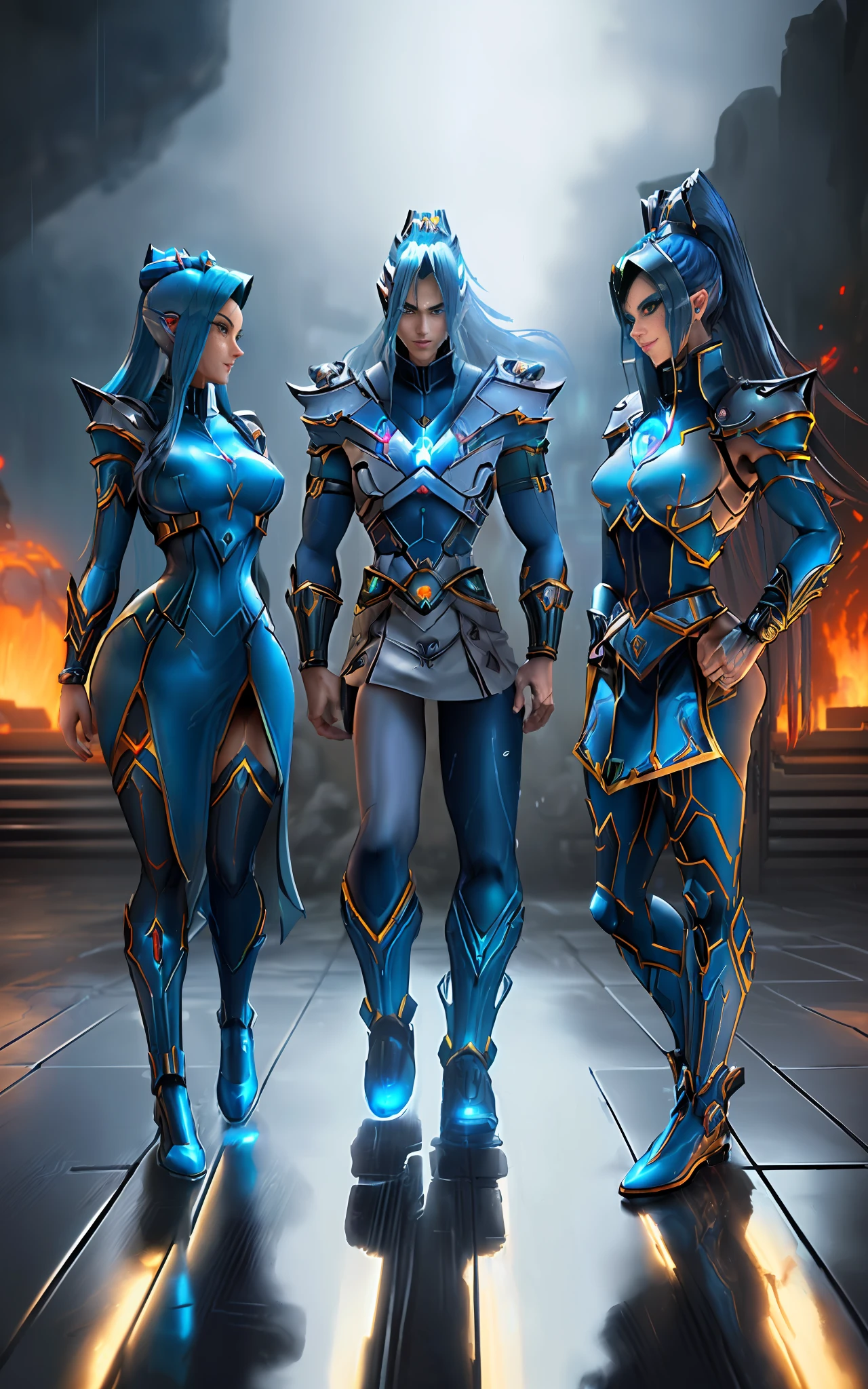 ((1Princess Zelda/Mega Man-X/Samus Aran/helmet on the head/doing exhibitionist poses/huge breasts/short mohawk hair/full body tattoos/leser cannon attached to the non-right/extremely wet/looked at the viewer with a manic smile. Background: Futuristic masmora with all wet because of rain/raining too hard inside the dungeon) Unreal Engine 5, Futuristic Style/Anime, Mortal Kombat/Mega Man-X/Super Metroid, Max Resolution/Sharpness/Quality/Detail.