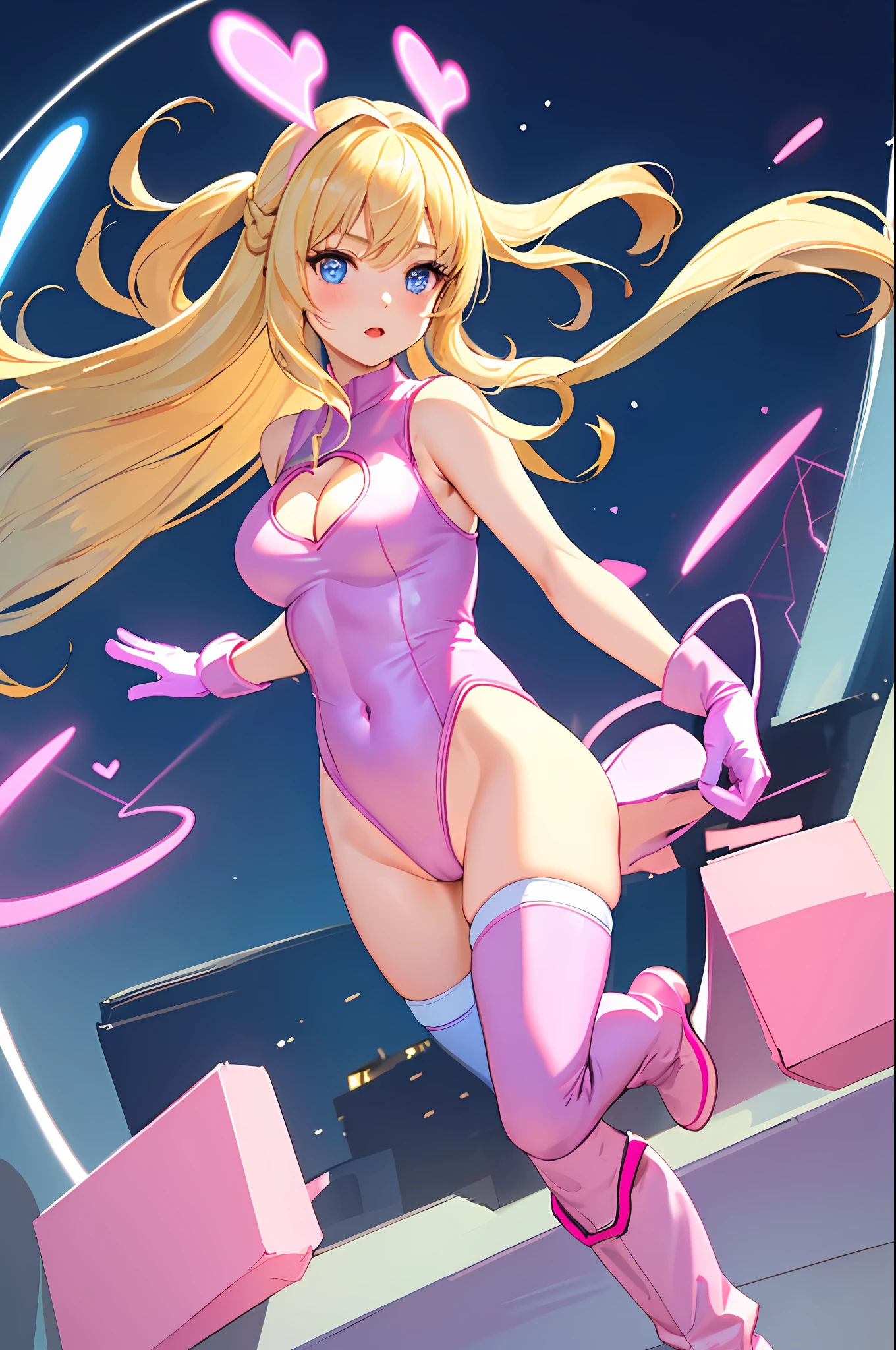 masterpiece, best quality, highres, 1girl, solo, superhero, leotard, bare legs, matching boots, aura, blue aura, sleeveless, looking at viewer, light particles, city backdrop, perfect hands, perfect eyes, powering up, perfect leotard, perfect legs, perfect arms, perfect fingers, medium breasts, pink leotard, standing, blonde hair, long hair, knee boots, blue eyes, heart cutout, cute face, hair down, bangs, sleeveless, pink gloves, pink footwear, cleavage cutout,