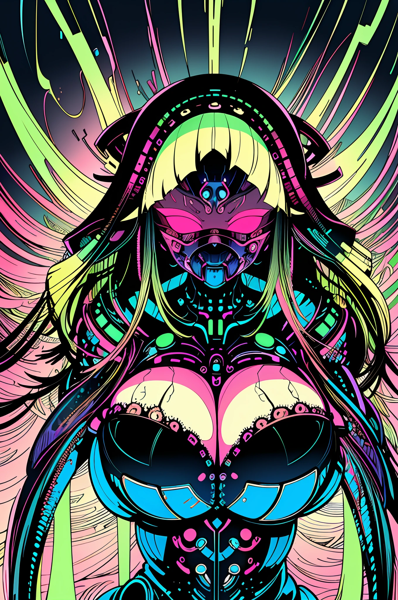 (((masterpiece))), (((best quality))), ((ultra-detailed)), (very detailed CG illustration), ((extremely delicate and beautiful)),cinematic light, biomechanics, dystopianx style, fog, darkness, cybernetics, artificial intelligence, space station environment, System Shock, Shodan, pale skin cybernetics, beautiful female, (cables attached to neck: 1.3), shiny short cyber hair, beautiful cybernetic face, menacing bright green cyber-eyes, breasts massive, colossal breasts, monstrous breasts, plump, thick thighs, cameltoe, neons (red, magenta, pink, glow, hue)