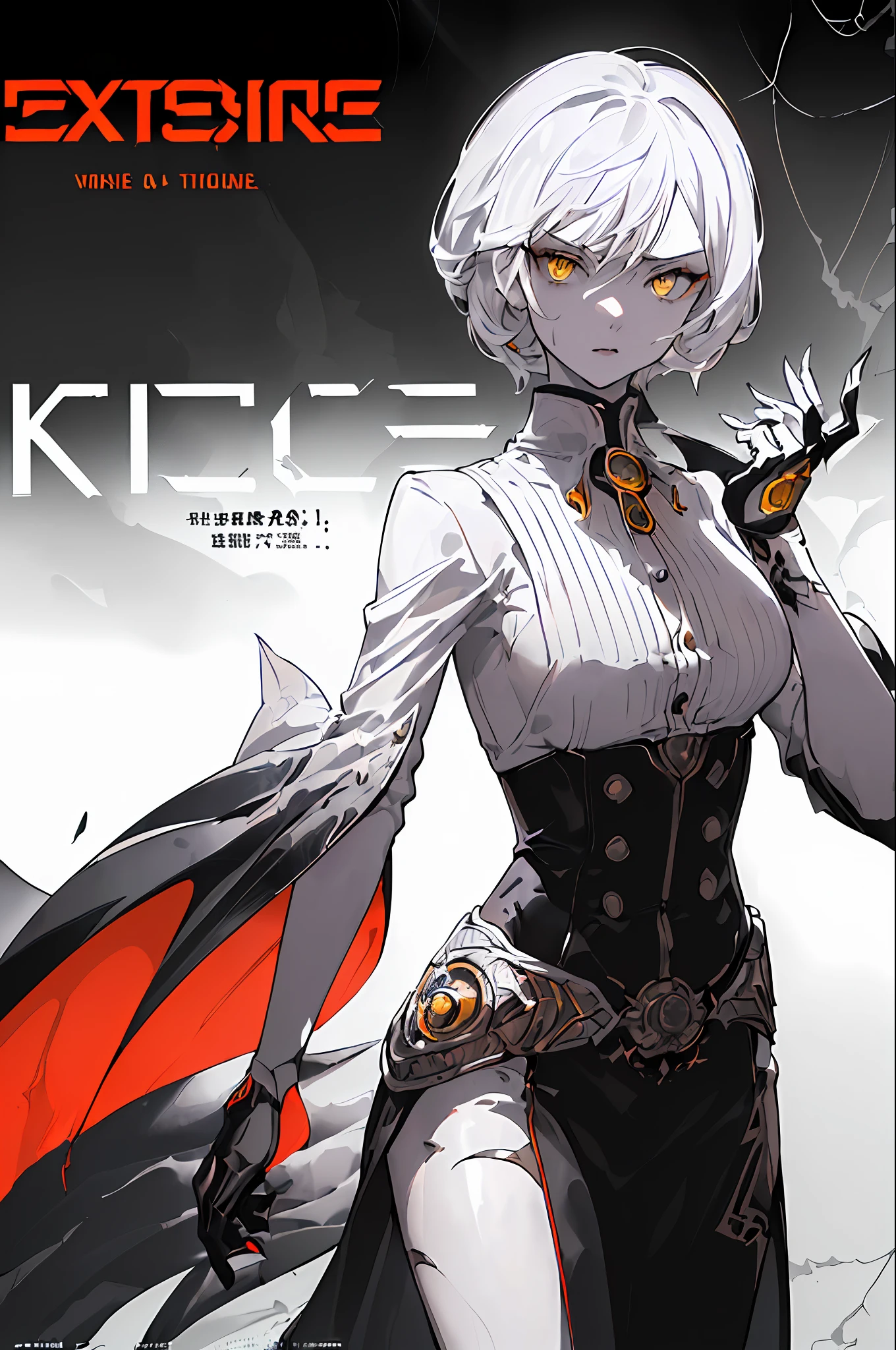 (((((dramatic))), (((severe))), (((intense))) A movie poster featuring a young woman as the central character. She stands confidently in the center of the poster, dressed in a formal costume, a vampire, white hair, yellow eyes, cyberpunk, with a determined expression on her face. The background is dark and sandy, with a sense of danger and tension. The text is bold and attention-grabbing, with a catchy tagline that adds to the overall sense of drama and excitement. The color palette is mostly dark with  interspersed with bright colors, which gives the poster a dynamic and visually striking look, tachi-e (magazine: 1.3), (cover style: 1.3), fashionable, feminine, bright, outfit, posing, front, colorful, dynamic, background, elements, self-confident, expression, holding, statement, accessory, majestic, rolled, around, touch, scene, text, cover, bold, eye-catching, title, stylish, font, catchy, title, more, bright, modern, fashionable, focus, fashion,