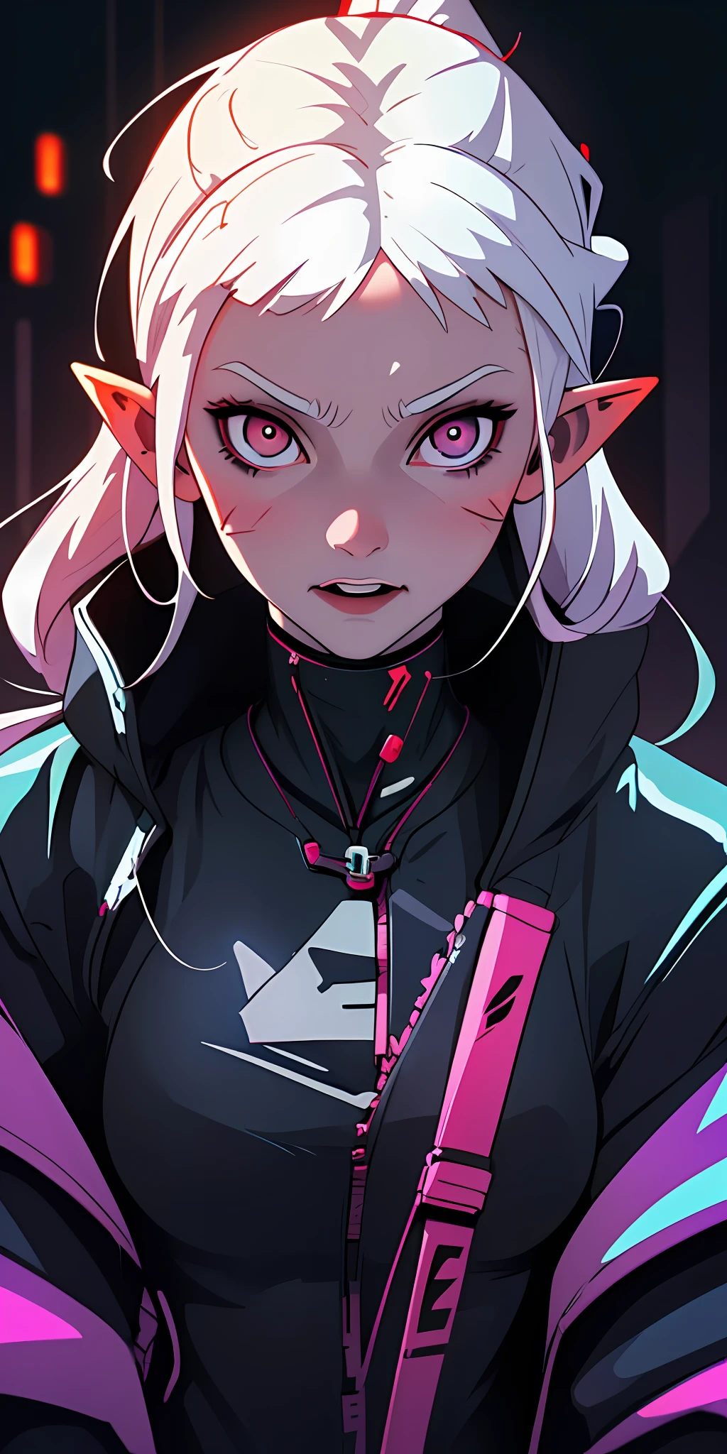 (best quality, masterpiece), 1girl looking at the viewer, blurred background, upper body, cyberpunk, vampire, pointed ears, white eyes