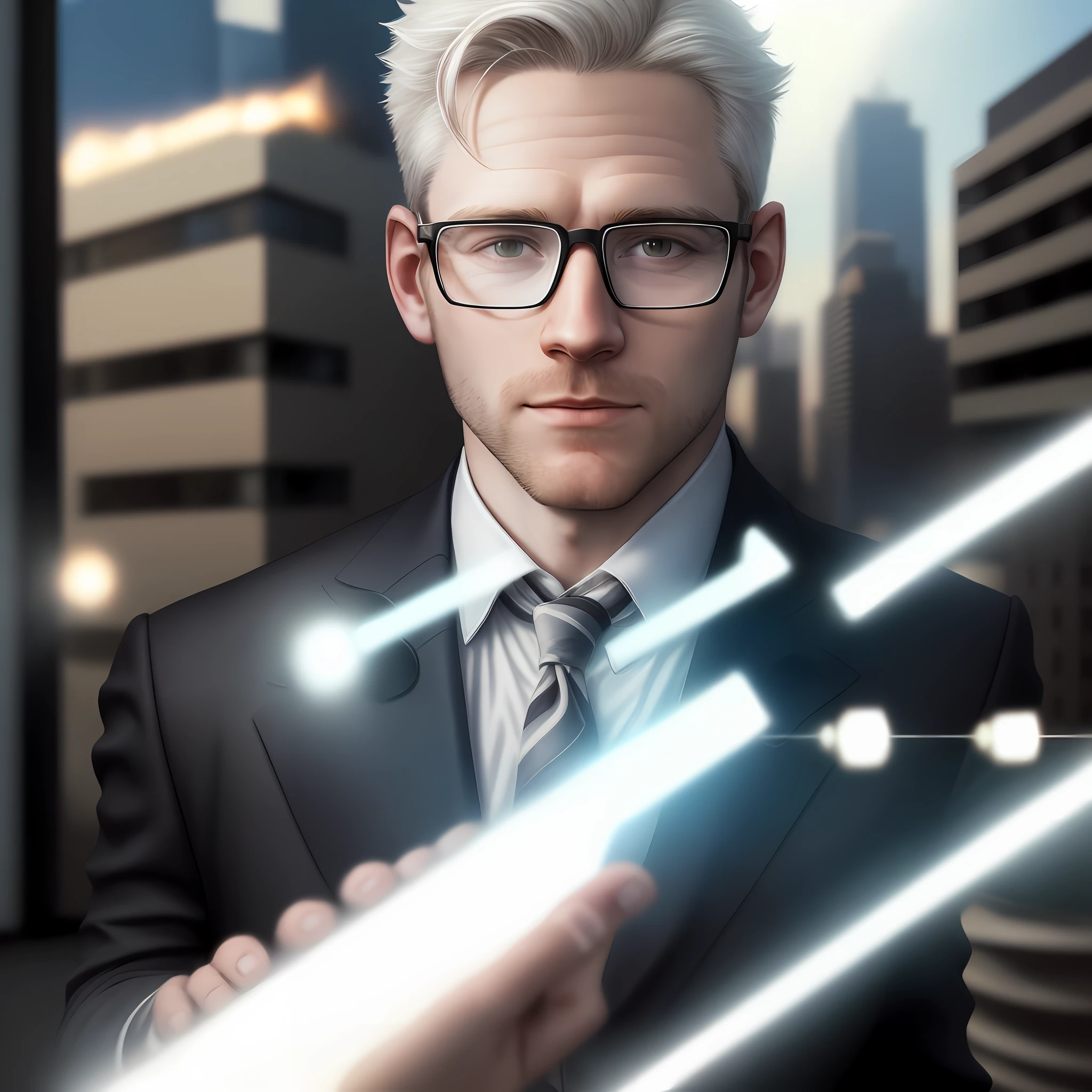 Realistic white man with bright glasses with light effects, facing camera with focus on face, in the background several buildings and money falling on all sides