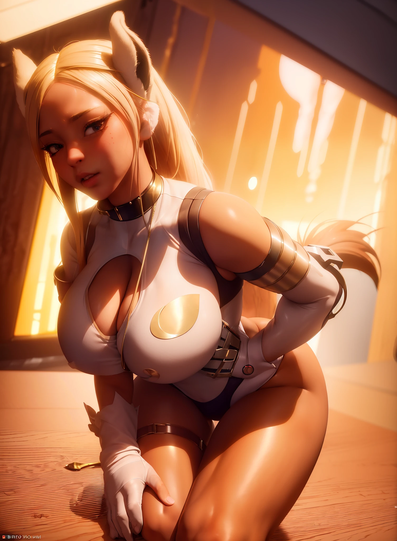 (1 girl), ((Beautiful photorealistic Mirko from My Hero Academia)), white bunny ears, signature outfit, twerking, slave, sexture, Shibariring a extremely revealing Gantz bodysuit)), major cleavage, breatation, slllar, chains, bdsm, busty, highly detailed, highlution, solo, big juicy lips, thick juicy defined thighs, wide sexy hips, thick juicy ass, hair ornat, large shiny breasts,oves, looking at viewer, photore, Cinema 4D, octane render, curvy but slender, ((use advanced machine learning to create the perfect waifu)), ((massive exposed camel toe)), ((trending on Pixiv)), trending on cirfect composition, sfw, professional quality, unreal engine(best quality),(highly detailed),(masterpiece),(ultra-detailed),(absurdres),(((artbook))),((8k_wallpaper)), aroused, blushing, dynamic pose, perfect body, perfect hands, perfect face, viral NFT