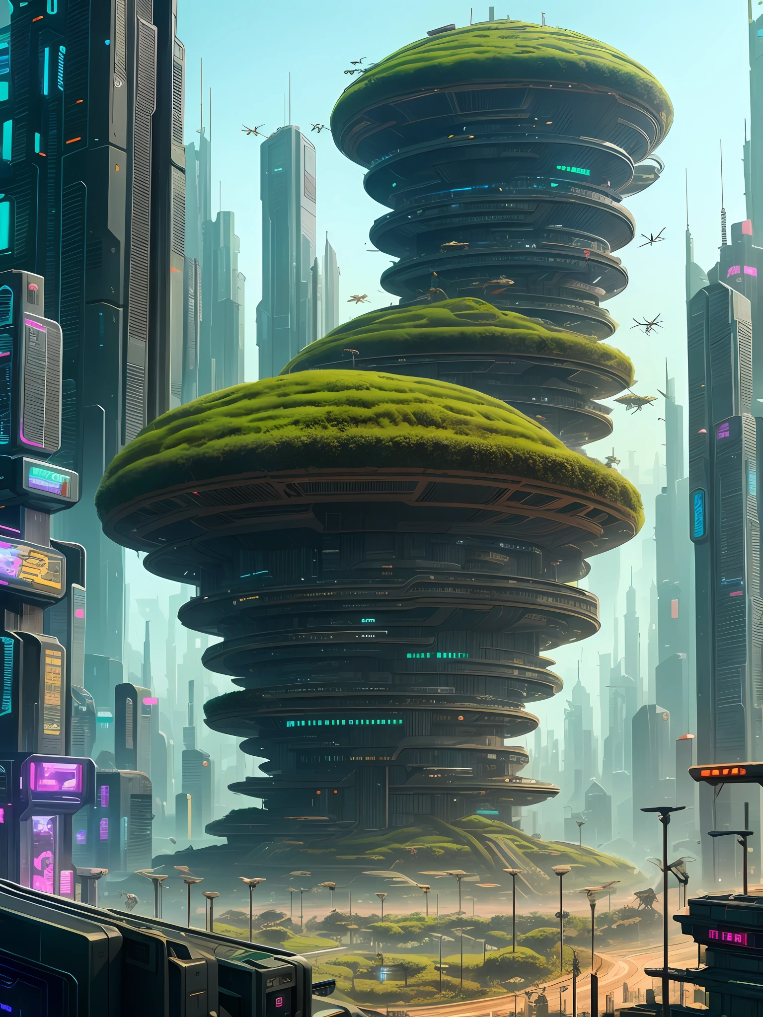 a cyberpunk city in the shape of an anthill with furturistic ants