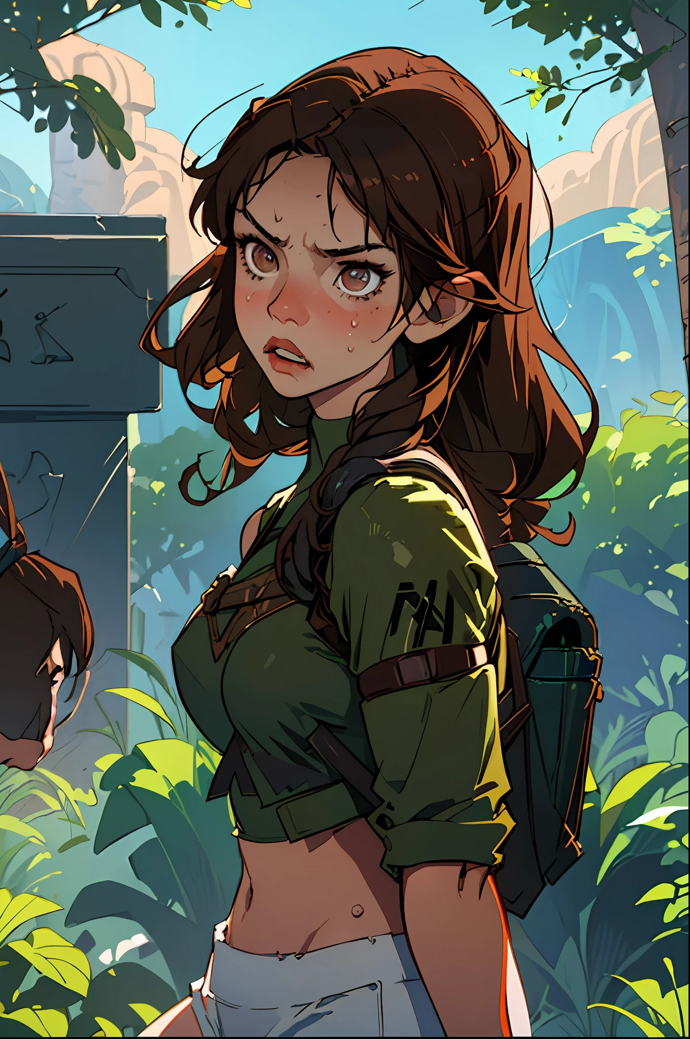 (best quality, masterpiece1.2), (detailed eye:1.2), complex detail, depth of field, 1girl, jungle, crop top, angry, sweat, brownhair, exploration, embarrassed, backpack, tomb raider inspiration, lara croft, gun