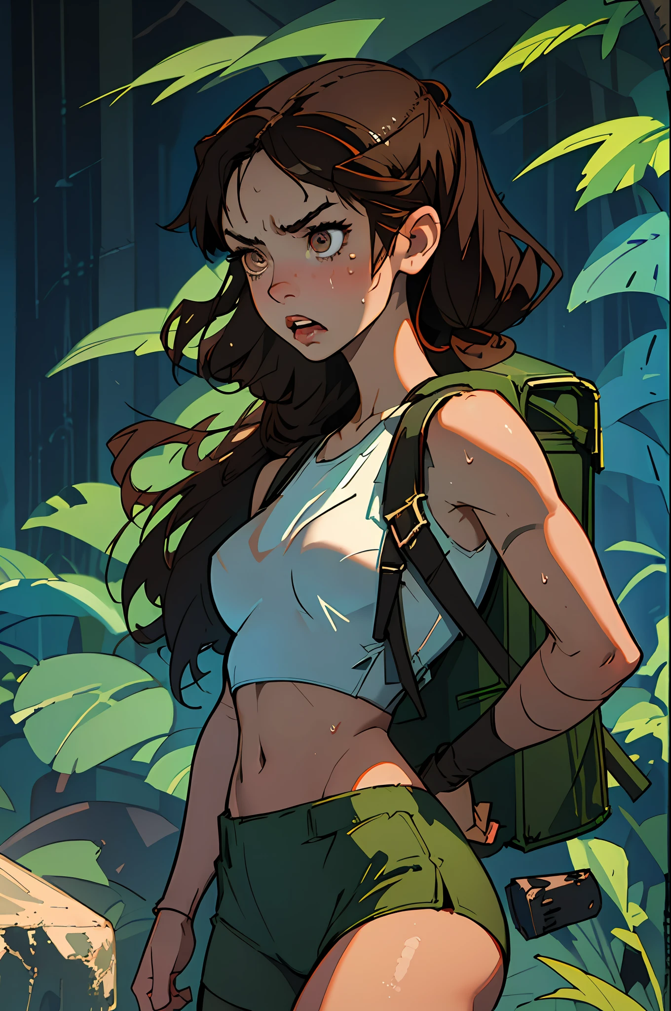 (best quality, masterpiece1.2), (detailed eye:1.2), complex detail, depth of field, 1girl, jungle, crop top, angry, sweat, brownhair, exploration, embarrassed, backpack, tomb raider inspiration, lara croft, gun