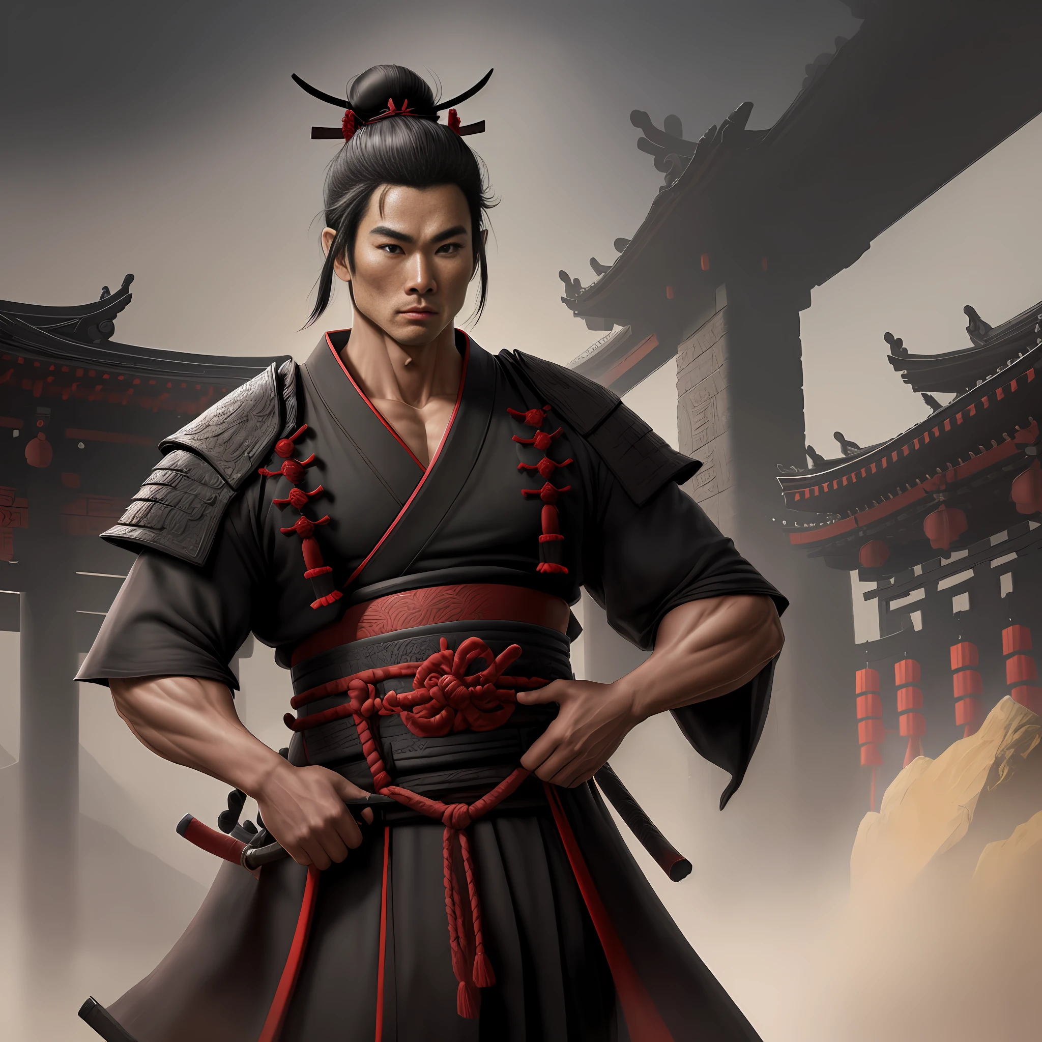 Man, strong, black hair, oriental look, ultra realistic, 4k, oriental temple background, defined body, serene look, samurai bun, wearing a kimono