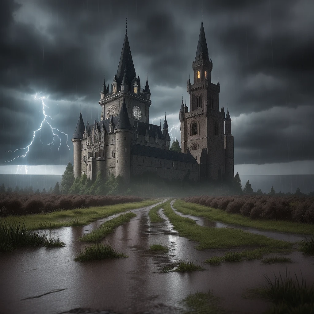 , shadows, lights, earths, 8k, HDR, anime style, full reality, medieval environment, rainy road, night, castlevania type castle, rain, gray clouds. darkness, darkness, dark and horror environment, lightning, thunder, rain, lots of rain, dark and corpses on the ground, castle tower