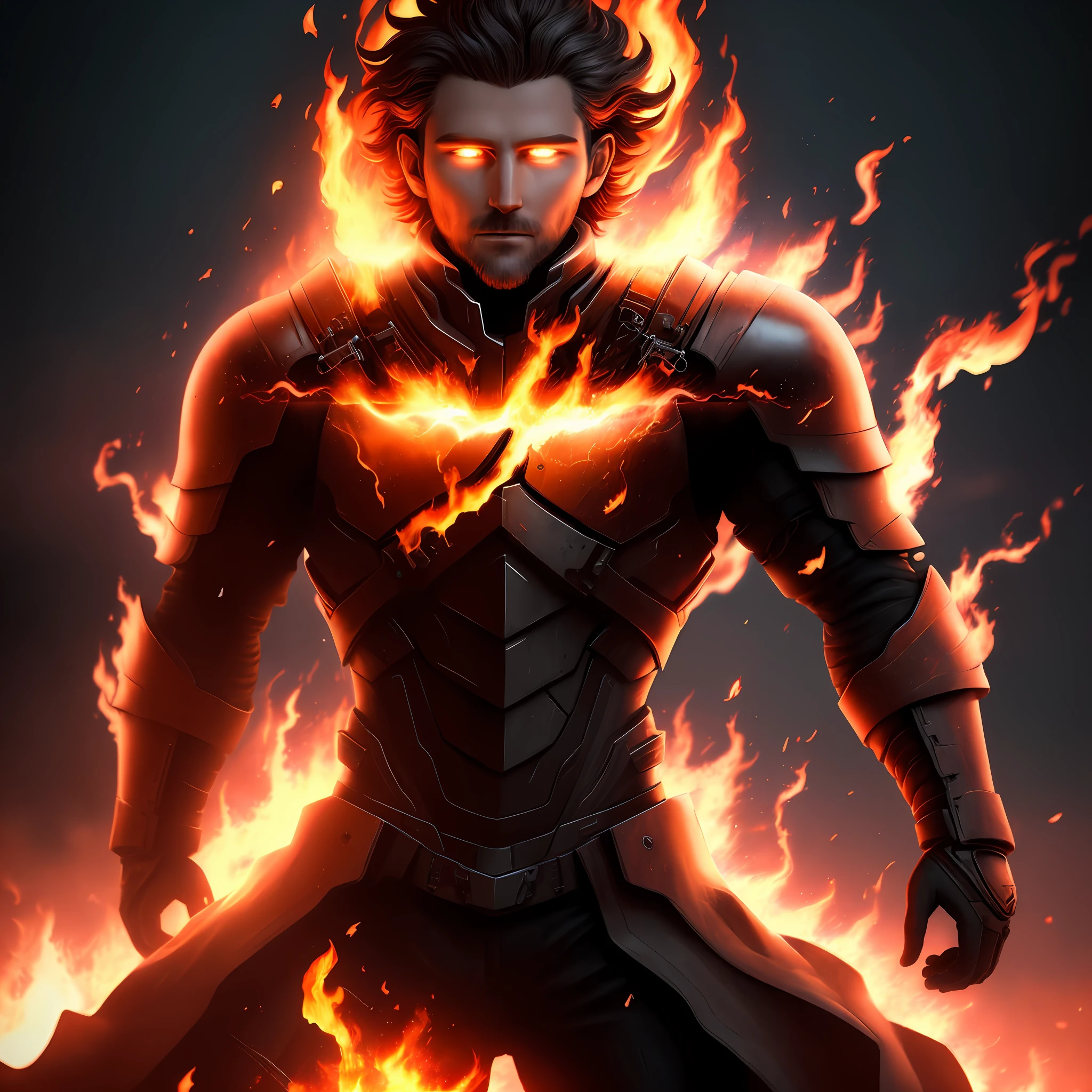 Man made of fire, 8k quality, cinematic focus, burnt tree background, vivid colors, life