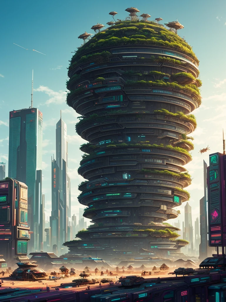 a cyberpunk city in the shape of an anthill with furturistic ants
