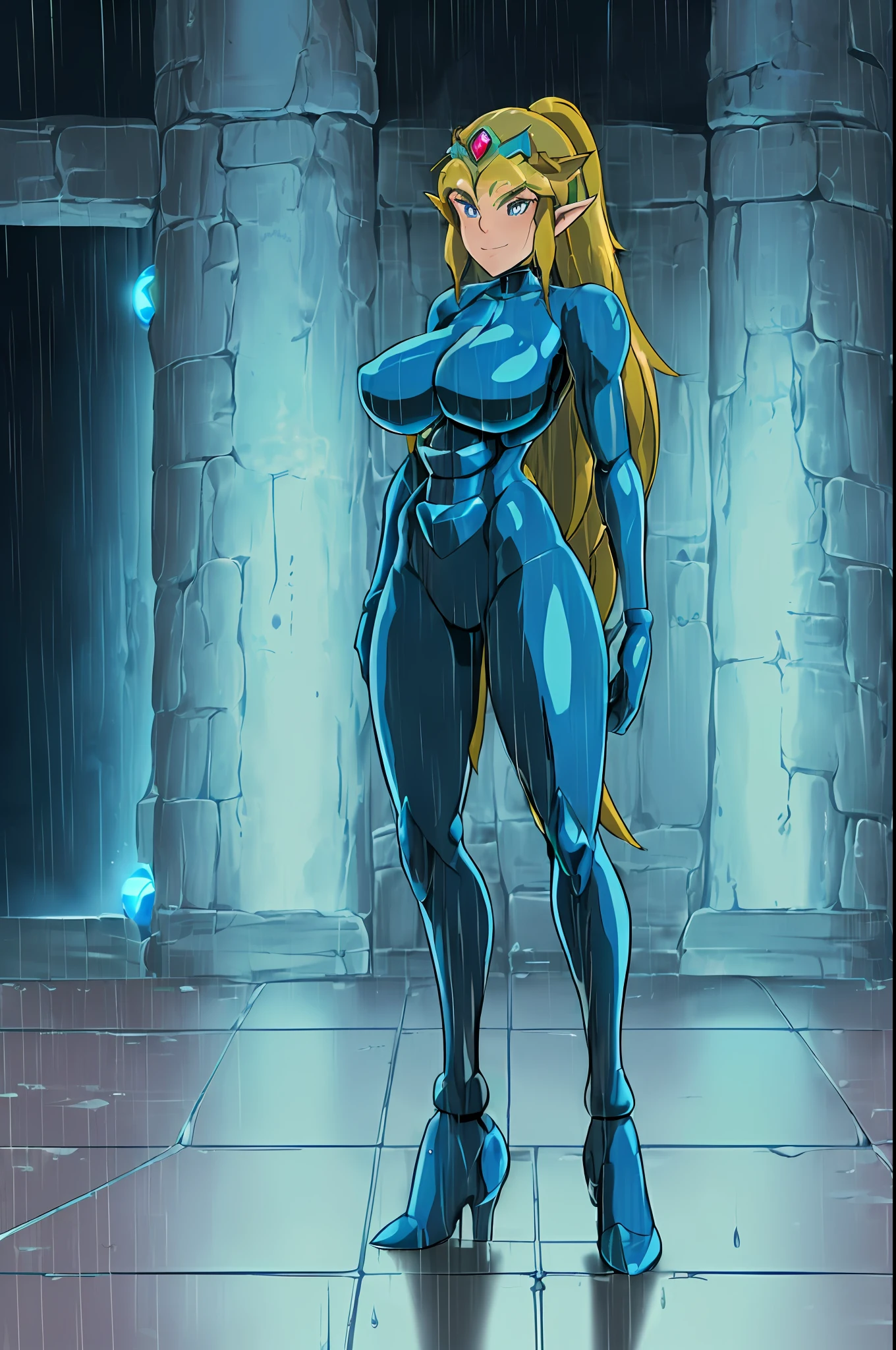 ((1Princess Zelda/Mega Man-X/Samus Aran/helmet on the head/doing exhibitionist poses/huge breasts/short mohawk hair/full body tattoos/leser cannon attached to the non-right/extremely wet/looked at the viewer with a manic smile. Background: Futuristic masmora with all wet because of rain/raining too hard inside the dungeon) Unreal Engine 5, Futuristic Style/Anime, Mortal Kombat/Mega Man-X/Super Metroid, Max Resolution/Sharpness/Quality/Detail.
