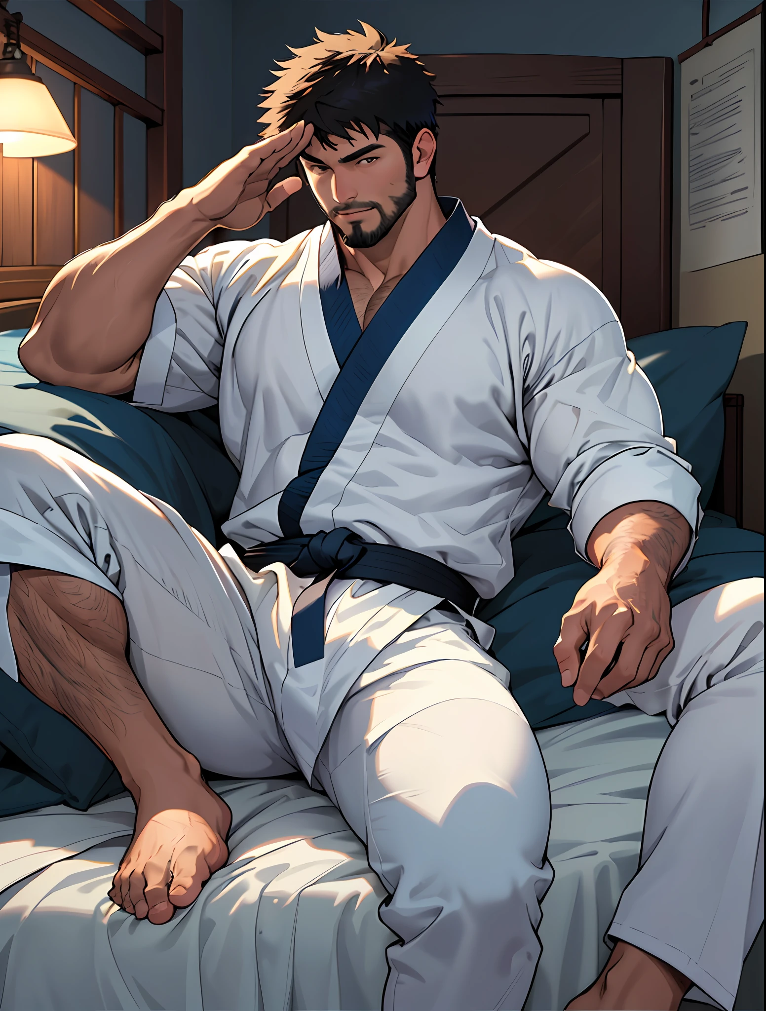 best quality, masterpiece, super high resolution, detailed background, realism, Illustrations, single, 1 boy, bedroom, muscle, volumetric lighting, depth of field, facial hair, ryu, (white clothes), black belt, barefoot, night, salute