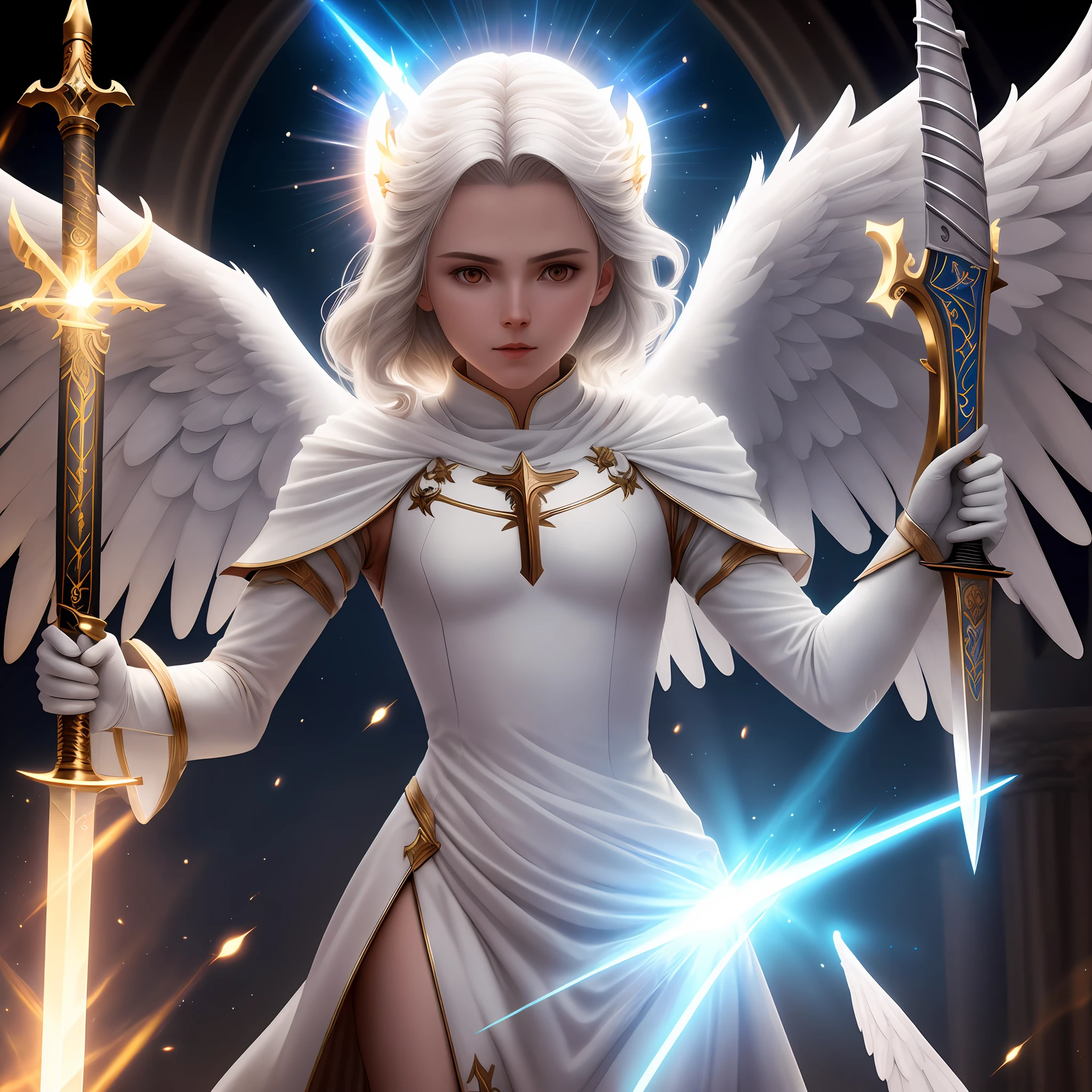 Angel made of light, various colors, sword in hand, 8k quality, cinematic focus, celestial background