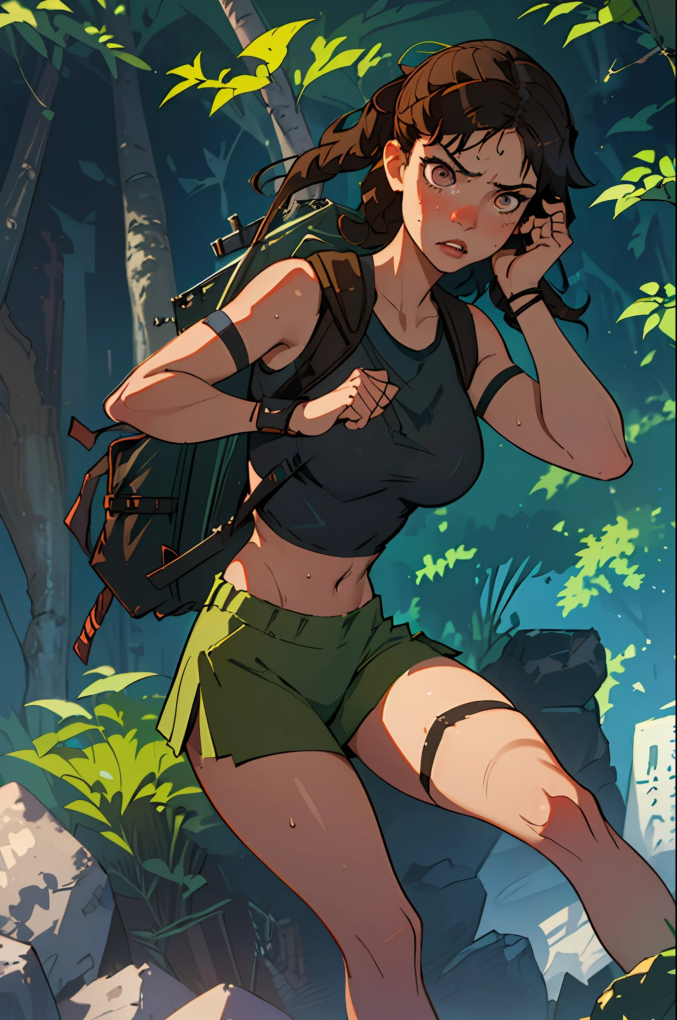 (best quality, masterpiece1.2), (detailed eye:1.2), complex detail, depth of field, 1girl, jungle, crop top, angry, sweat, brownhair, exploration, embarrassed, backpack, tomb raider inspiration, lara croft, gun strap to leg, action, dynamic