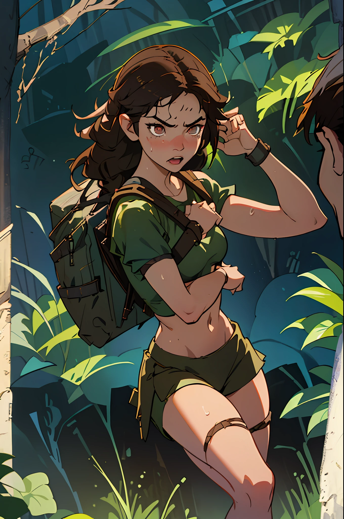 (best quality, masterpiece1.2), (detailed eye:1.2), complex detail, depth of field, 1girl, jungle, crop top, angry, sweat, brownhair, exploration, embarrassed, backpack, tomb raider inspiration, lara croft, gun strap to leg, action, dynamic