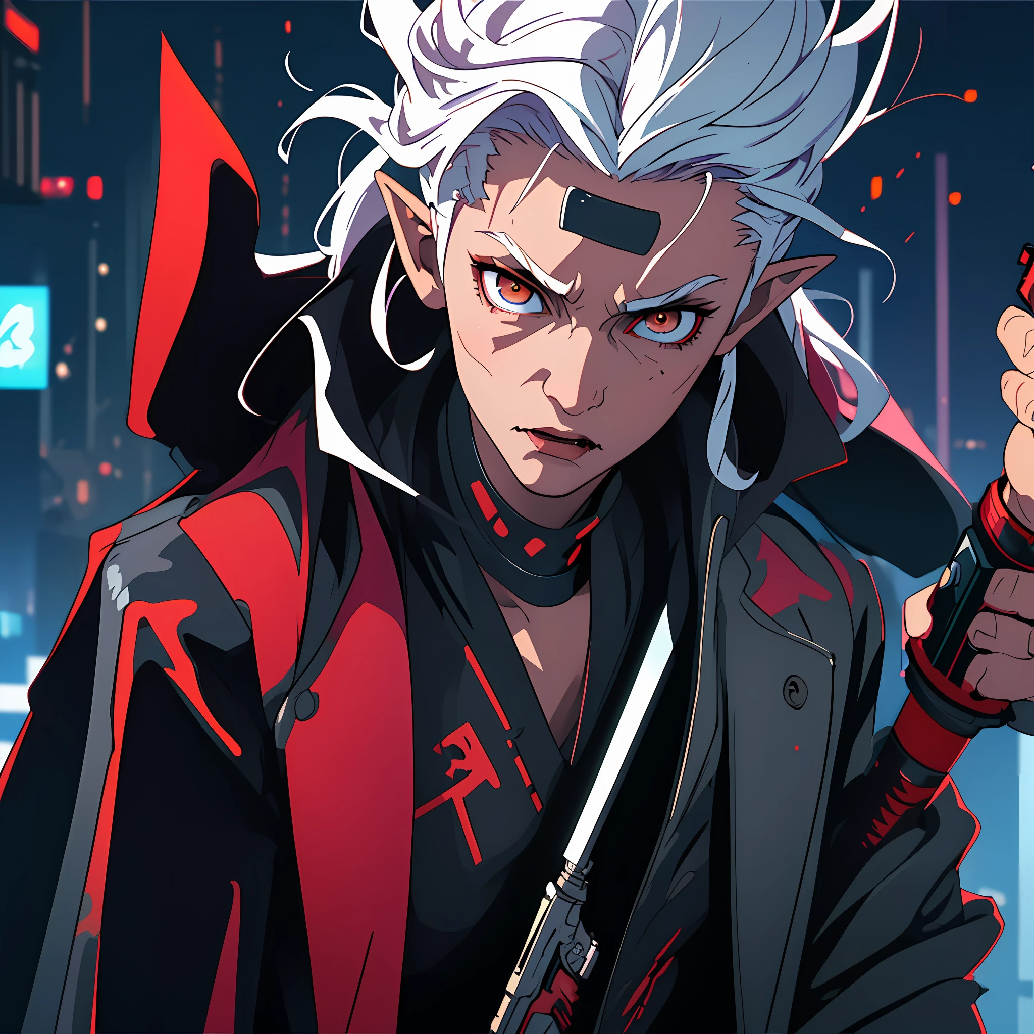 (best quality, masterpiece), handsome guy looking at the viewer, blurred background, cyberpunk, vampire, pointed ears, white eyes, gun in hand, movie frame