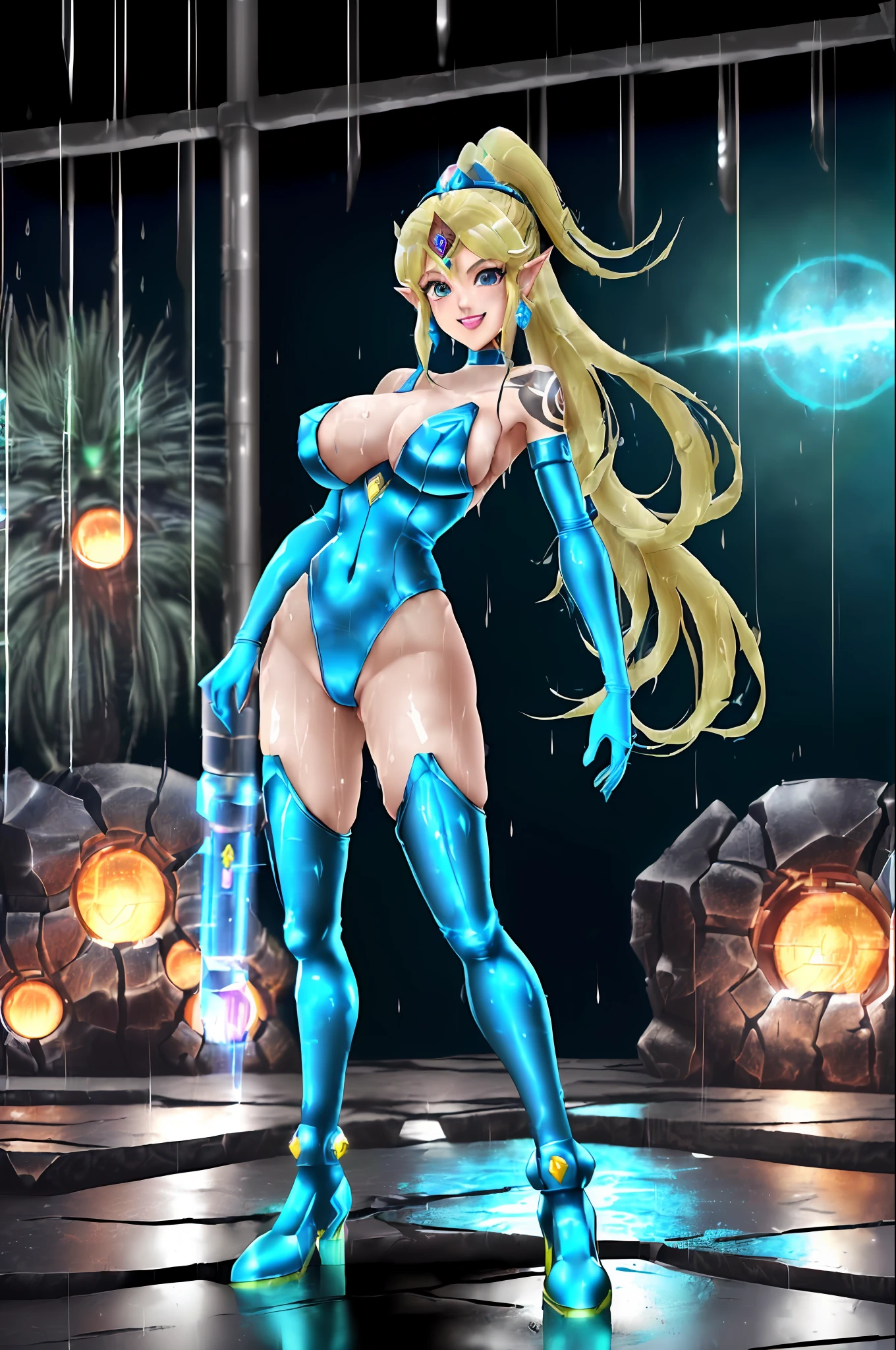 ((1Princess Zelda/Mega Man-X/Samus Aran/helmet on the head/doing exhibitionist poses/huge breasts/short mohawk hair/full body tattoos/leser cannon attached to the non-right/extremely wet/looked at the viewer with a manic smile. Background: Futuristic masmora with all wet because of rain/raining too hard inside the dungeon) Unreal Engine 5, Futuristic Style/Anime, Mortal Kombat/Mega Man-X/Super Metroid, Max Resolution/Sharpness/Quality/Detail.
