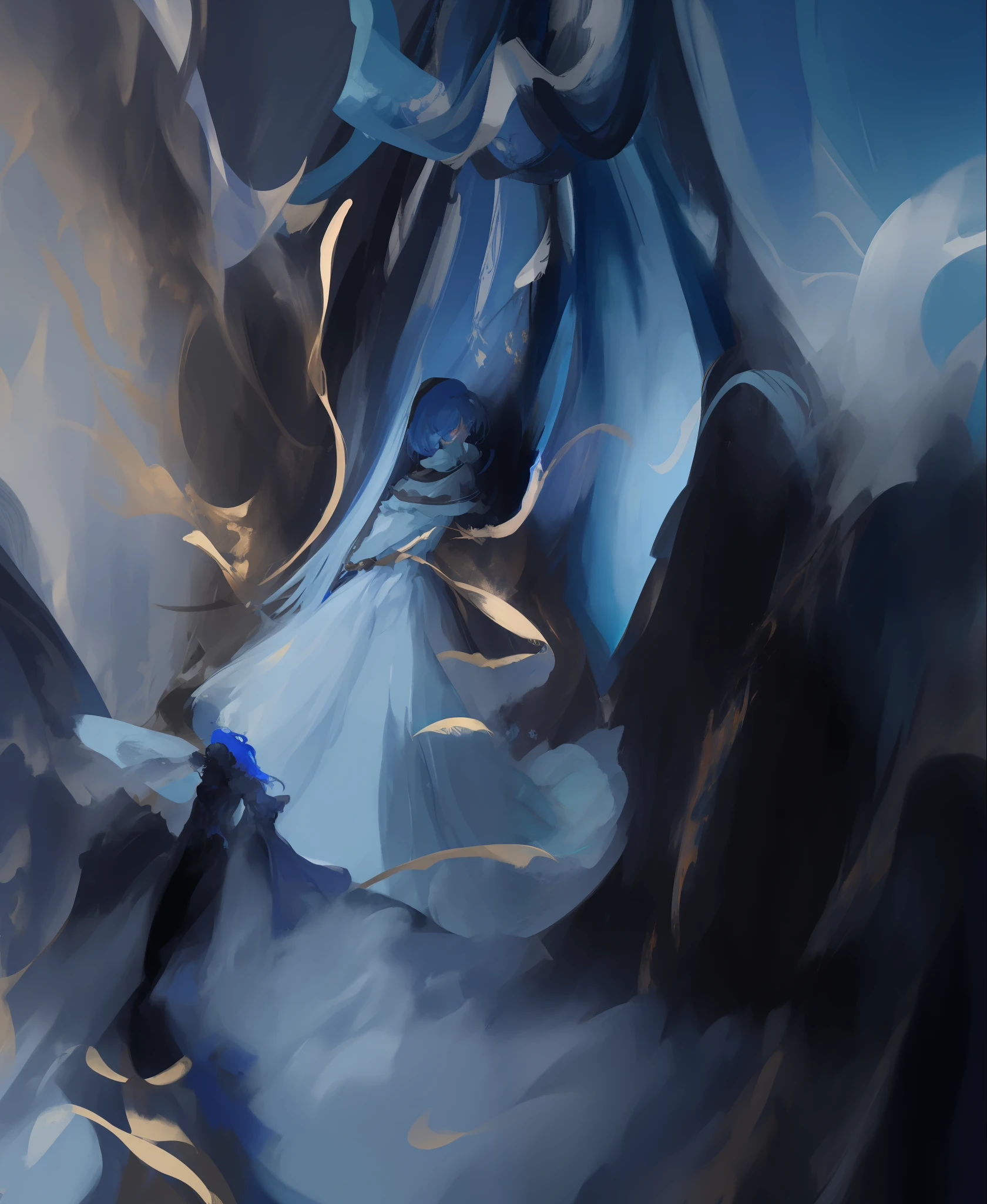 there is a woman in a blue dress holding a sword, twisted turn of fate abstraction, ultra detail. digital painting, low detailed. digital painting, flowing realistic fabric, great digital art with details, abstract surrealism, abstract cloth simulation, very detailed digital painting, by Anna Füssli, in style of digital painting, decorative dark blue clothing
