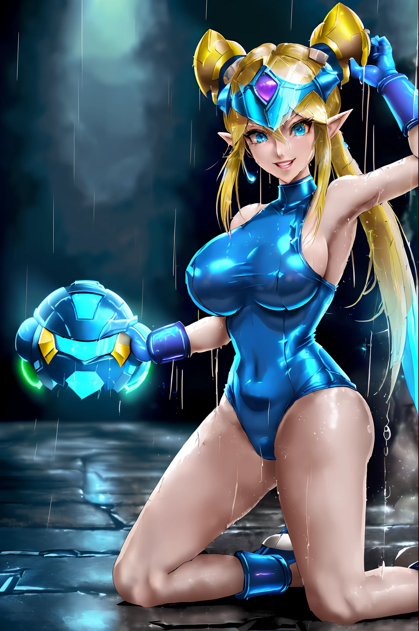 ((1Princess Zelda/Mega Man-X/Samus Aran/helmet on the head/doing exhibitionist poses/huge breasts/short mohawk hair/full body tattoos/leser cannon attached to the non-right/extremely wet/looked at the viewer with a manic smile. Background: Futuristic masmora with all wet because of rain/raining too hard inside the dungeon) Unreal Engine 5, Futuristic Style/Anime, Mortal Kombat/Mega Man-X/Super Metroid, Max Resolution/Sharpness/Quality/Detail.