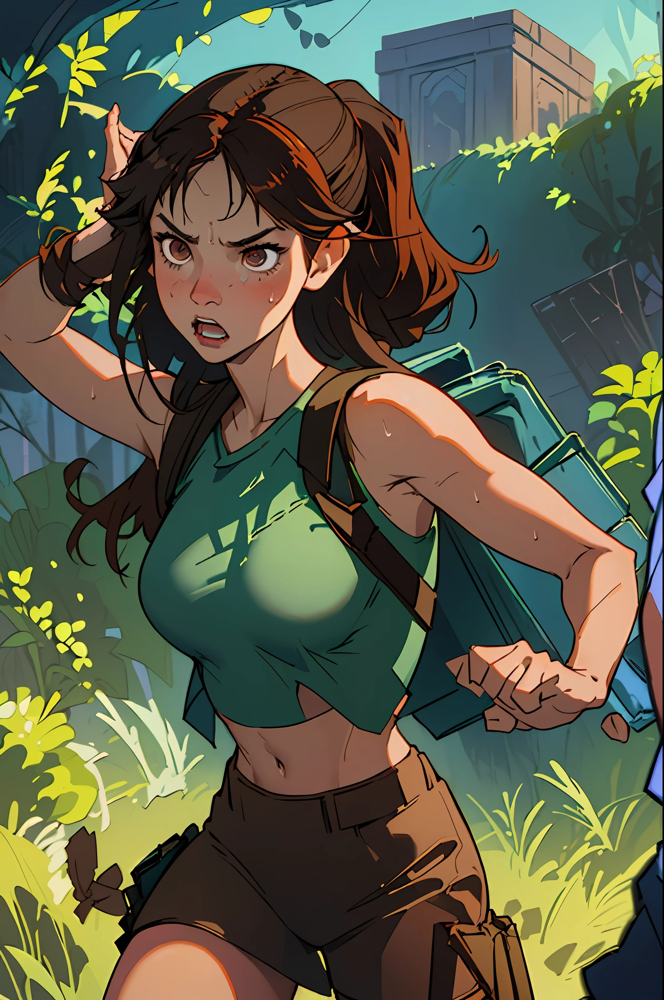 (best quality, masterpiece1.2), (detailed eye:1.2), complex detail, depth of field, 1girl, jungle, crop top, angry, sweat, brownhair, exploration, embarrassed, backpack, tomb raider inspiration, lara croft, gun strap to leg, action, dynamic, (fire), Bullets flying