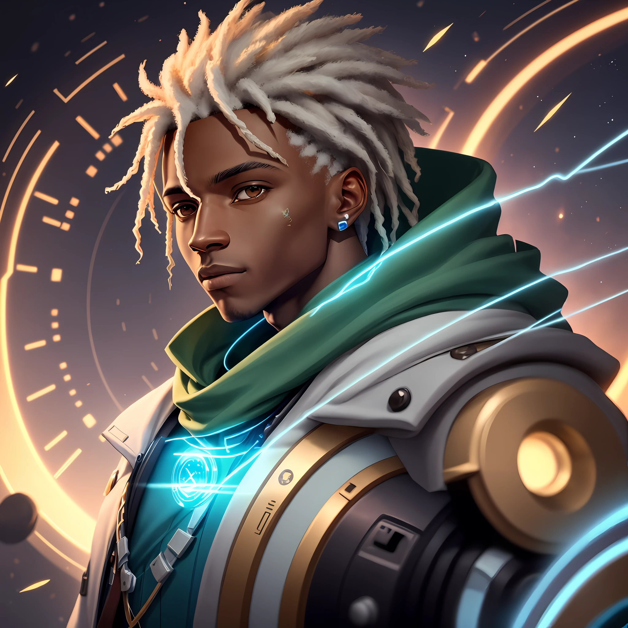 Ekko-like character, time commander, timeless background, clock, 8k quality, cinematic focus
