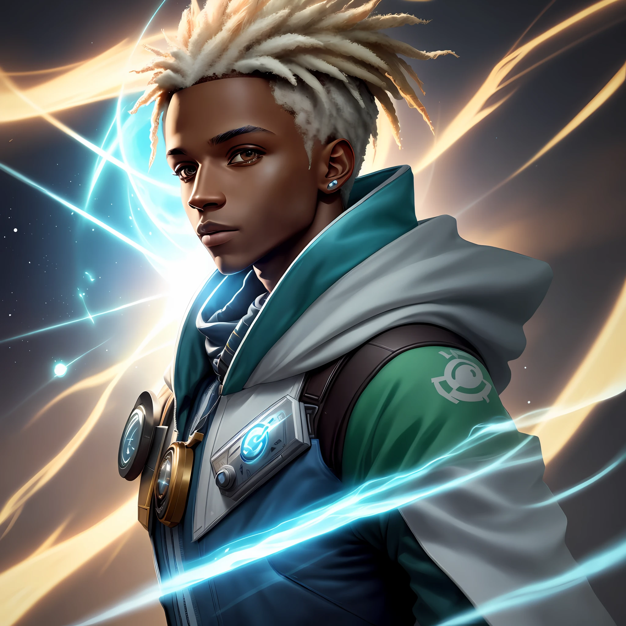 Ekko-like character, time commander, timeless background, clock, 8k quality, cinematic focus