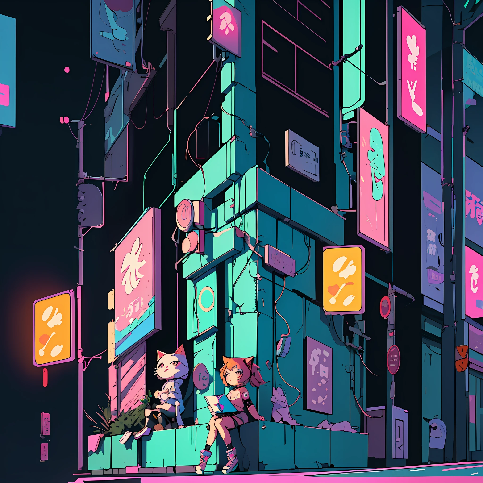 (best quality, masterpiece) Cute chibi girl cat in a technological suit sitting on the stairs, against the background of cyberpunk city, night, neon signs, illustration