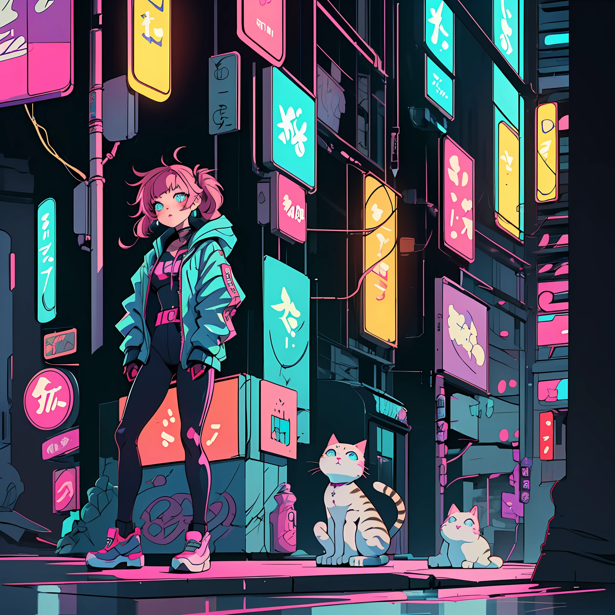 (best quality, masterpiece) Cute chibi girl cat in a technological suit sitting on the stairs, against the background of cyberpunk city, night, neon signs, illustration