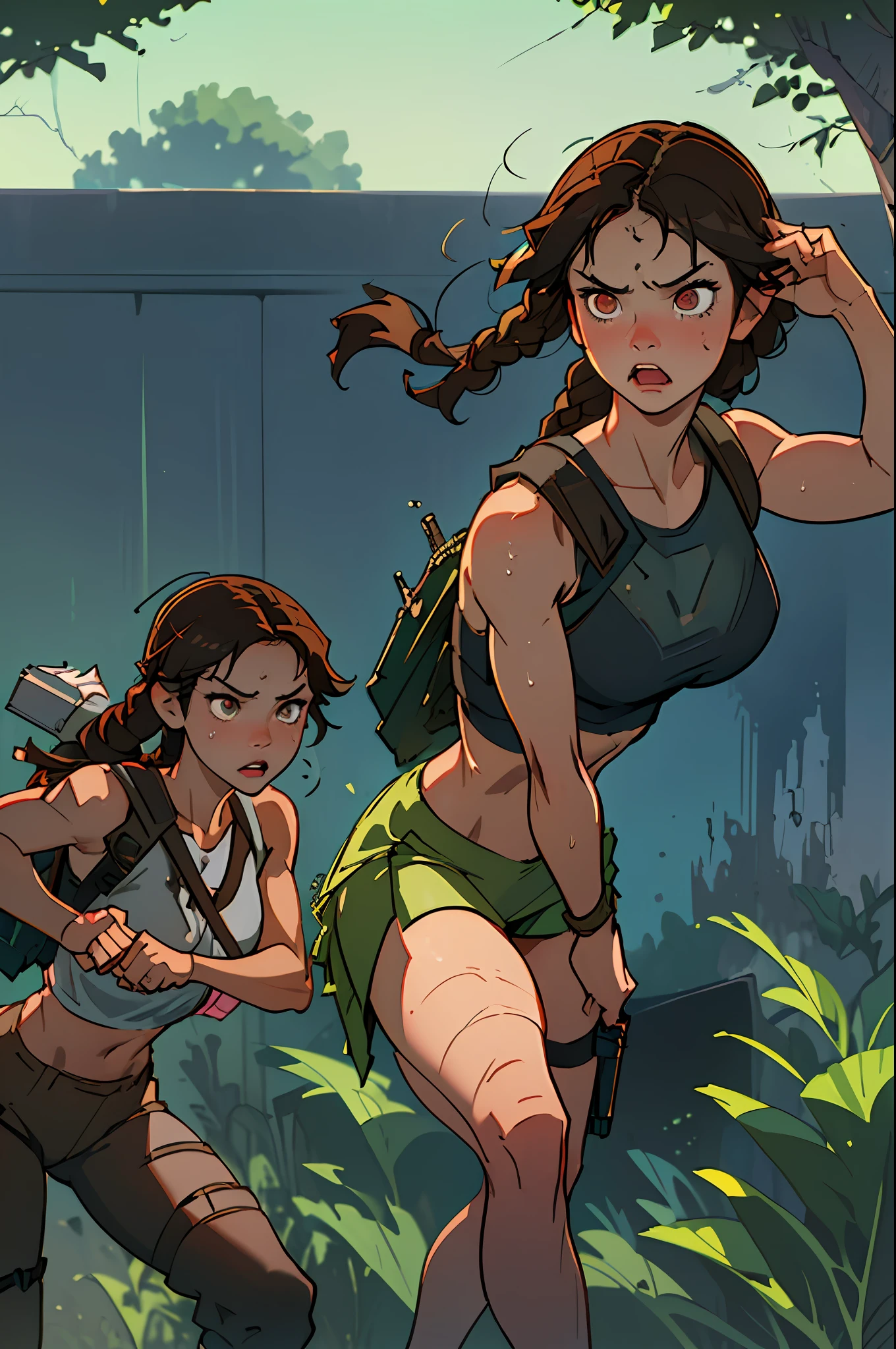 (best quality, masterpiece1.2), (detailed eye:1.2), complex detail, depth of field, 1girl, jungle, crop top, angry, sweat, brownhair, exploration, embarrassed, backpack, tomb raider inspiration, (Lara Croft: 1.2), gun strap to leg, action, dynamic, (fire), Bullets flying