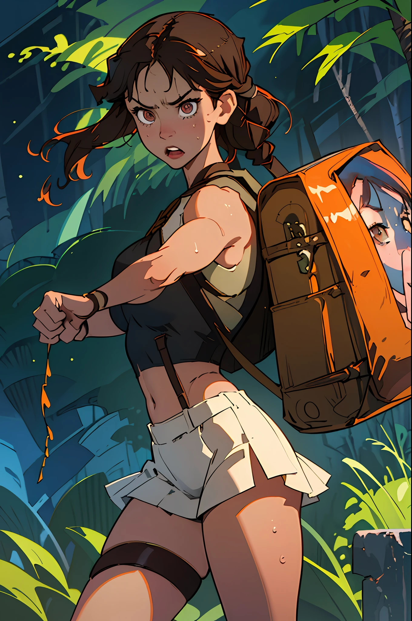 (best quality, masterpiece1.2), (detailed eye:1.2), complex detail, depth of field, 1girl, jungle, crop top, angry, sweat, brownhair, exploration, embarrassed, backpack, tomb raider inspiration, (Lara Croft: 1.2), gun strap to leg, action, dynamic, (fire), Bullets flying