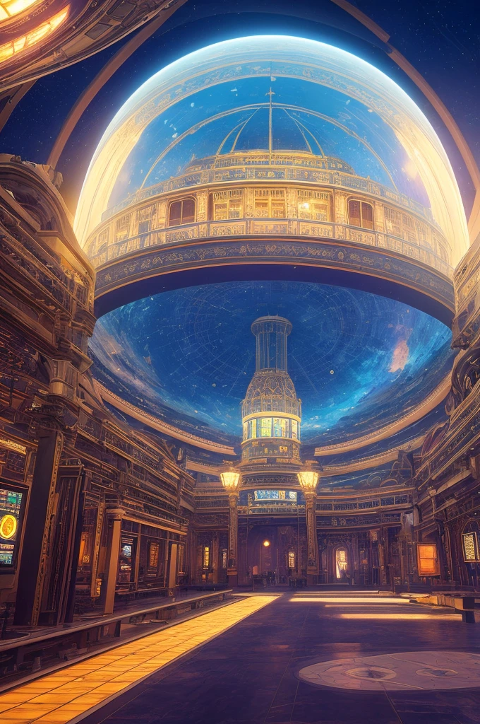 Computer lab in space under a glass dome detailed matte painting, deep color, fantastical, intricate detail, splash screen, complementary colors, fantasy concept art, 8k resolution trending on Artstation Unreal Engine 5