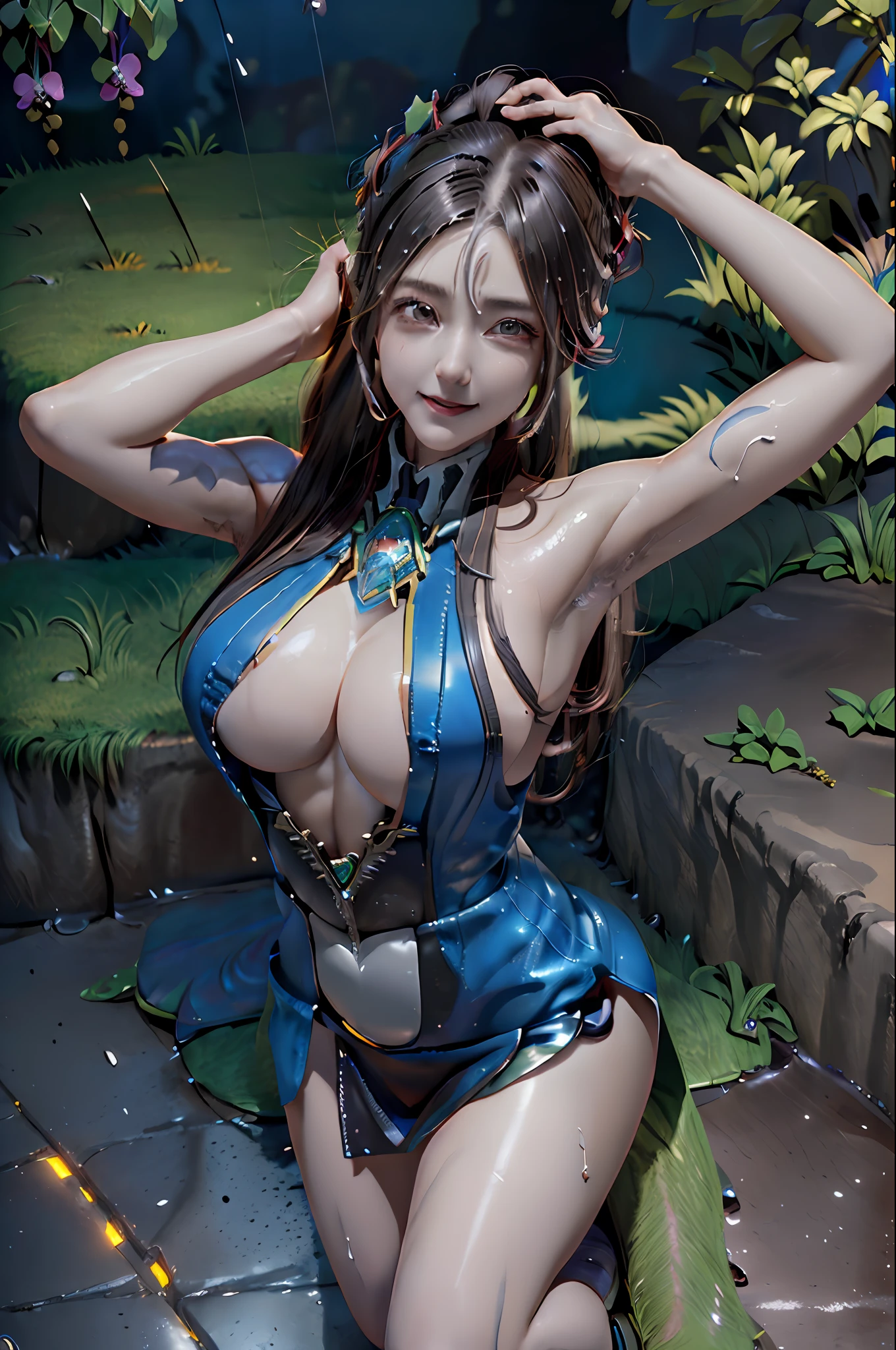 ((1Princess Zelda/Mega Man-X/Samus Aran/helmet on the head/doing exhibitionist poses/huge breasts/short mohawk hair/full body tattoos/leser cannon attached to the non-right/extremely wet/looked at the viewer with a manic smile. Background: Futuristic masmora with all wet because of rain/raining too hard inside the dungeon) Unreal Engine 5, Futuristic Style/Anime, Mortal Kombat/Mega Man-X/Super Metroid, Max Resolution/Sharpness/Quality/Detail.